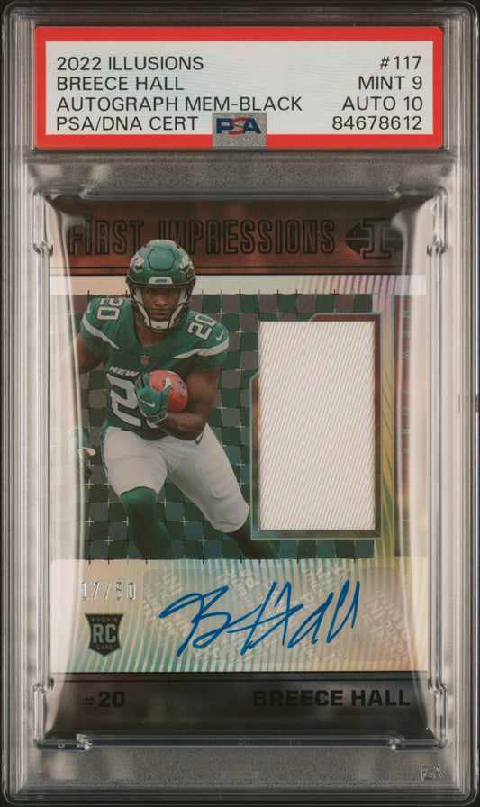 2022 Panini Illusions #117 Breece Hall Autograph Mem-Black RP PSA 9-10