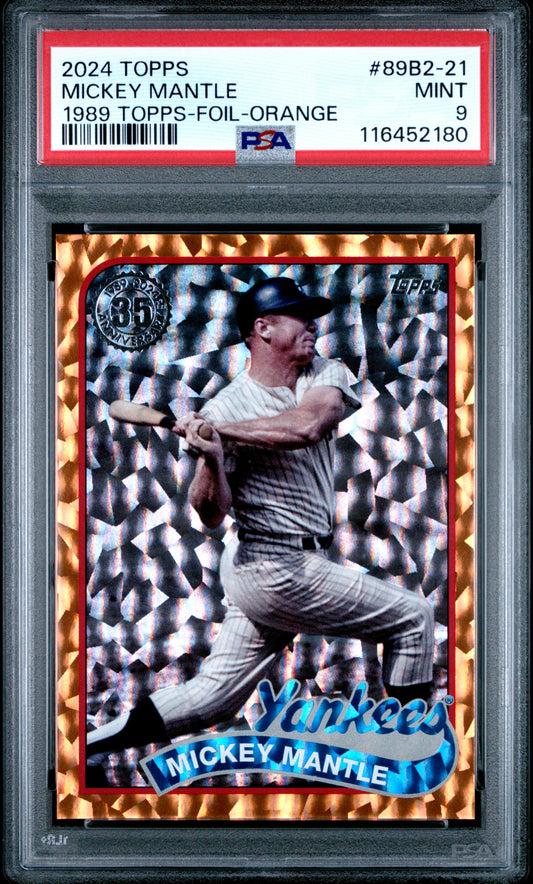 2024 Topps 1989 Topps Baseball #89B2-21 Mickey Mantle 1989 Topps-Foil-Orange PSA 9