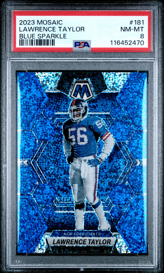 2023 Panini Mosaic #181 Lawrence Taylor Blue Sparkle PSA 8