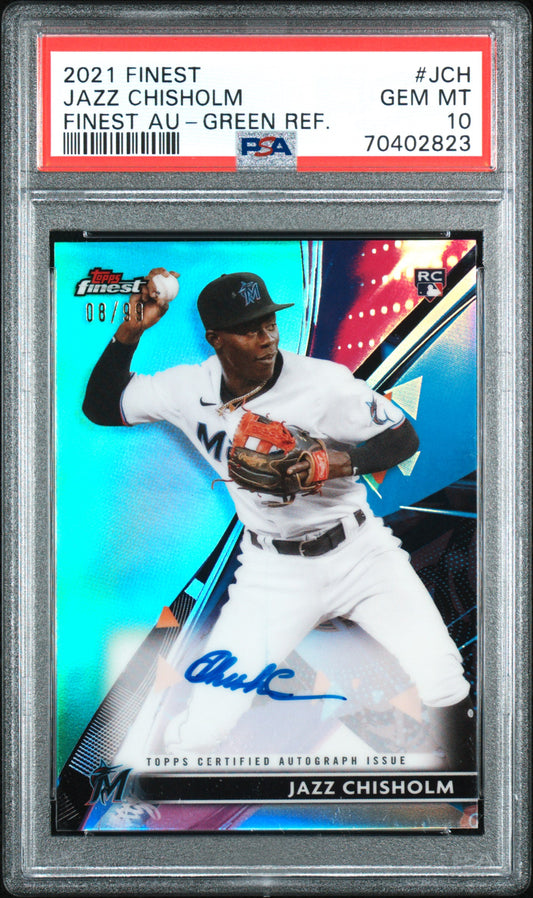 2021 Topps Finest Autographs #JCH Jazz Chisholm 08/99 RC Green Refractor PSA 10