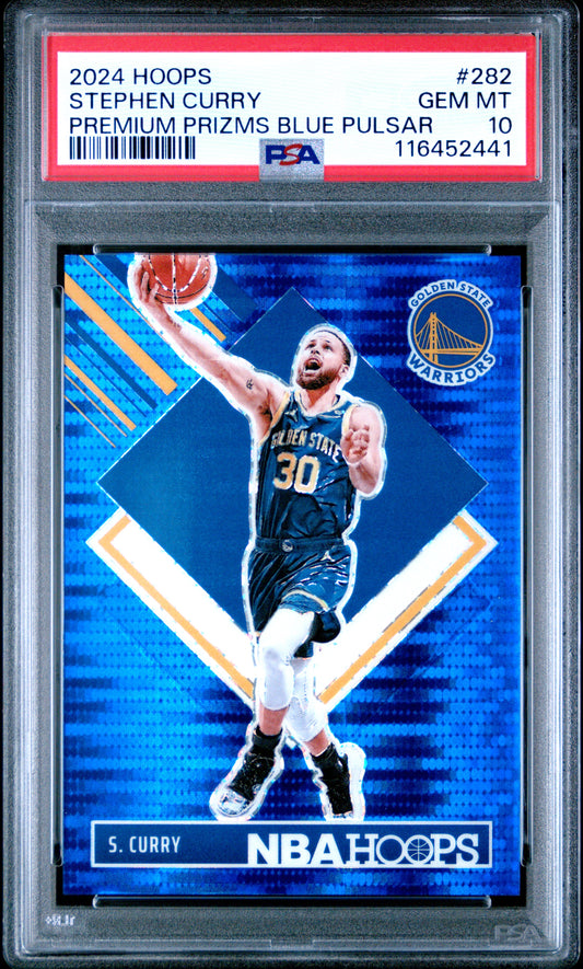 2024 Panini NBA Hoops #282 Stephen Curry 11/99 Premium Prizms Blue Pulsar PSA 10