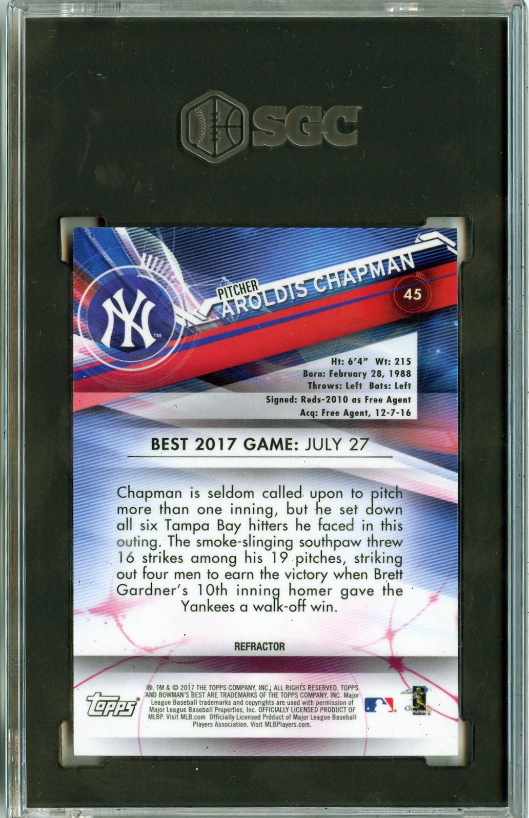 2017 Bowman's Best #45 Aroldis Chapman Purple Refractor SGC 9