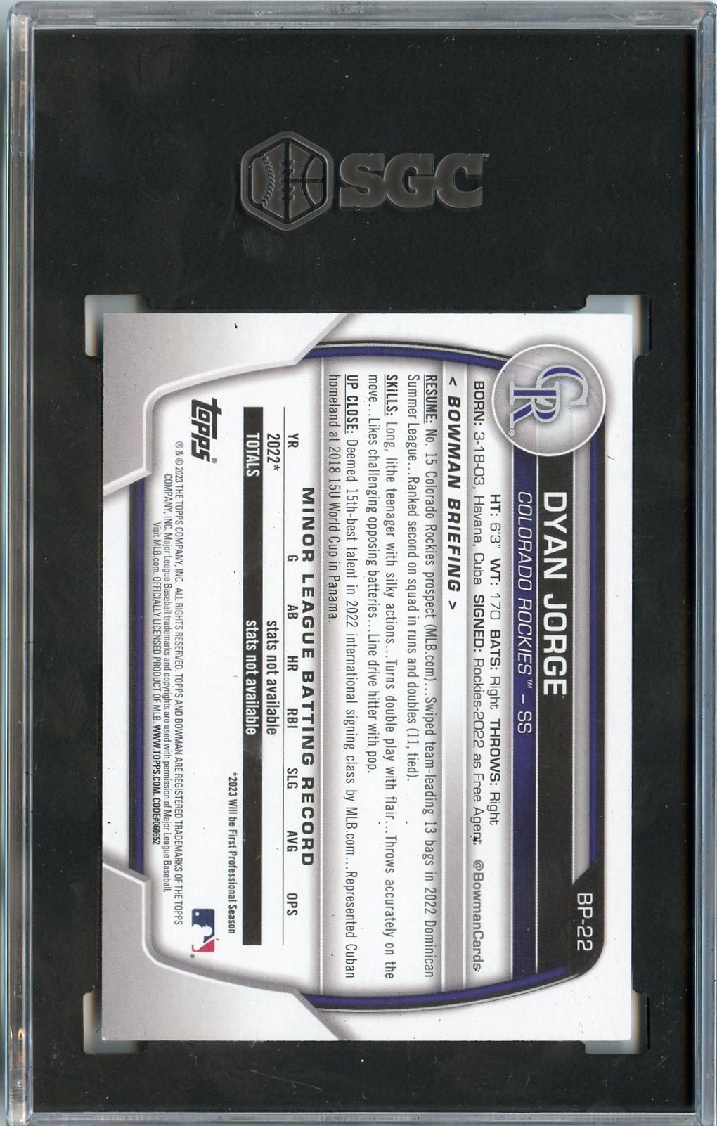 2023 Bowman #BP-22 Dyan Jorge Prospects Sky Blue SGC 8.5