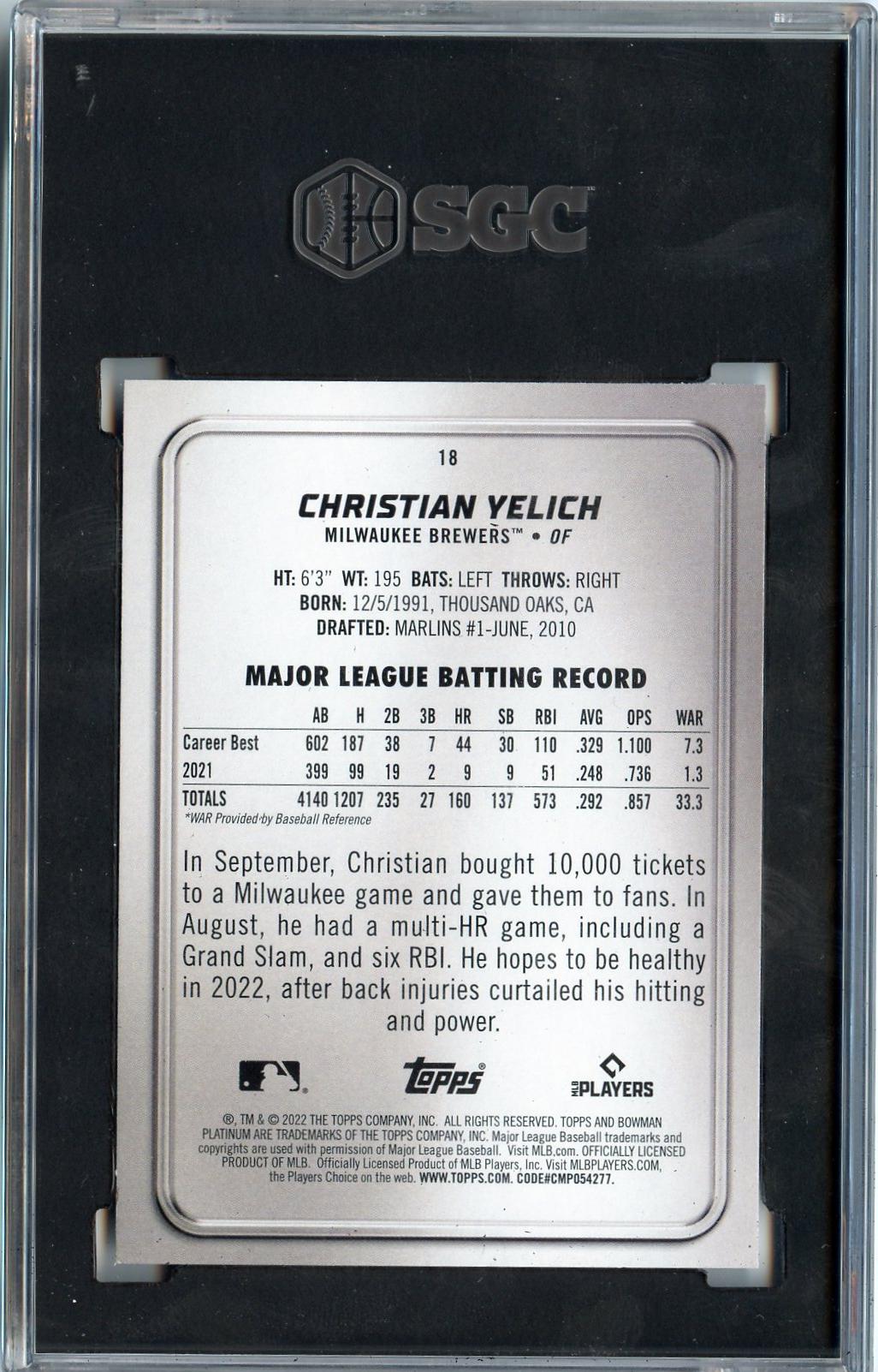 2022 Bowman Platinum #18 Christian Yelich SGC 8