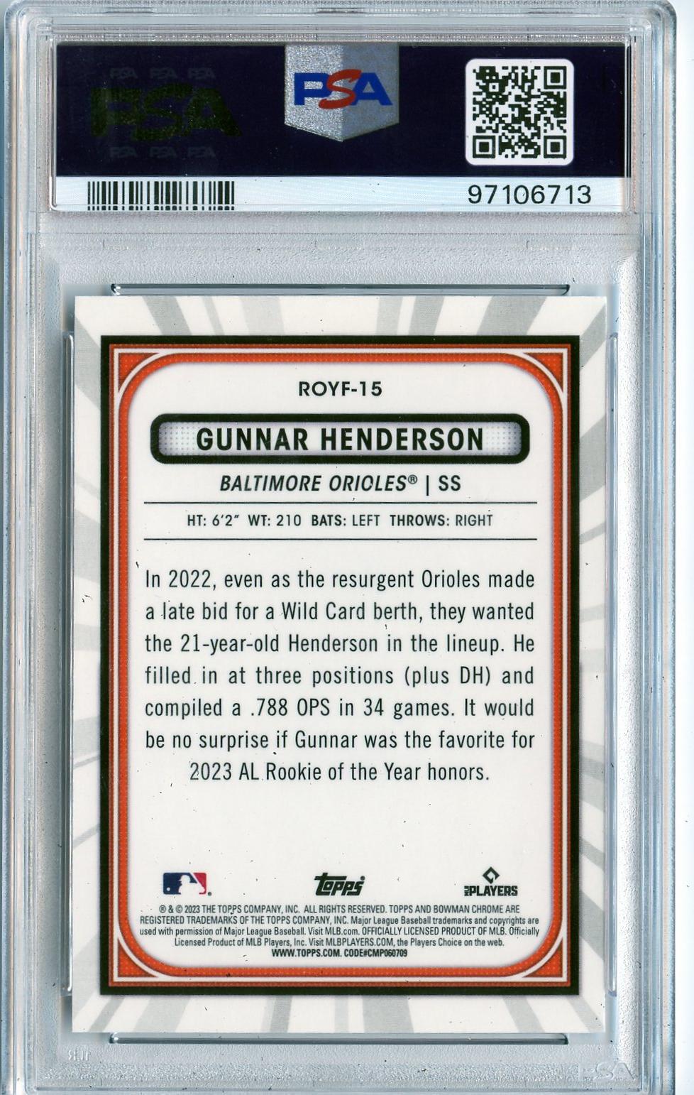 2023 Bowman #ROYF-15 Gunnar Henderson Rookie of the Year Favorites PSA 8