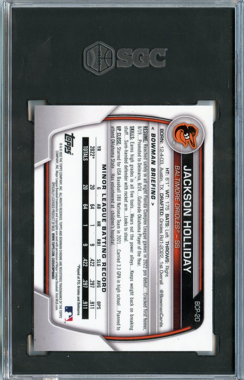 2023 Bowman #BCP-20 Jackson Holliday Chrome Prospects SGC 10