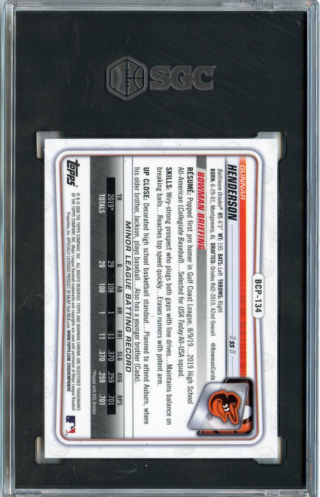 2020 Bowman #BCP-134 Gunnar Henderson Chrome Prospects SGC 9