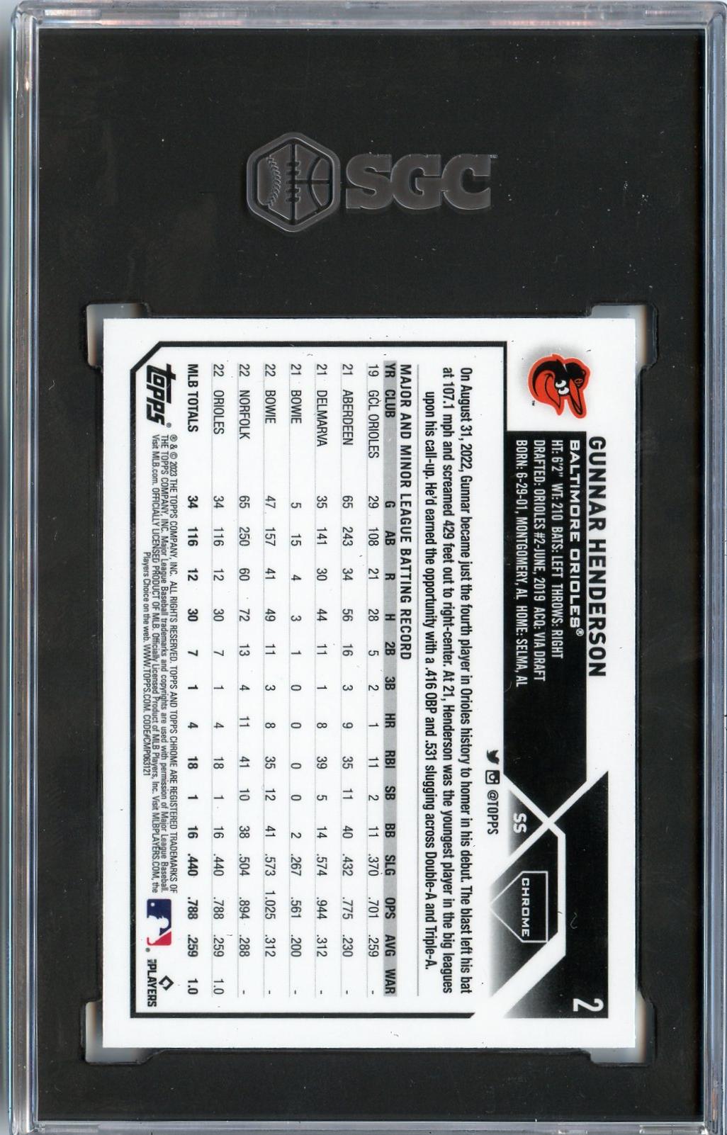 (1)2023 Topps Chrome #2 Gunnar Henderson RC SGC 9.5