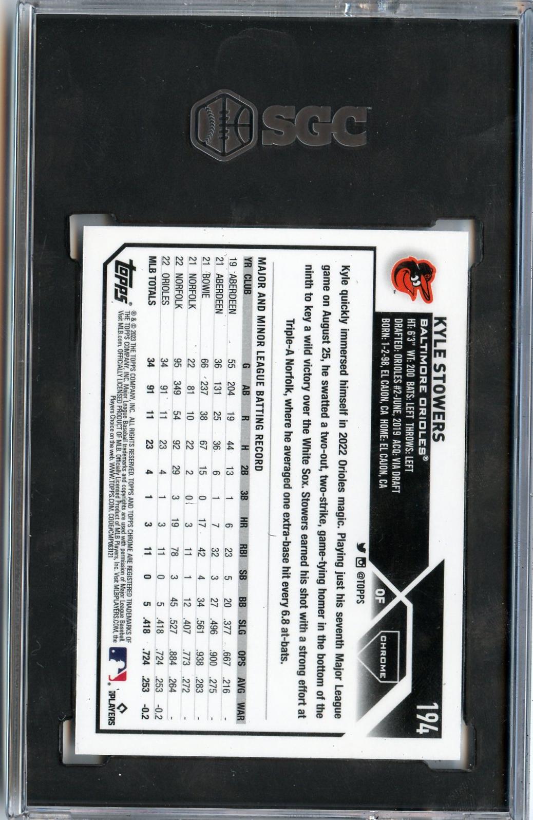 2023 Topps Chrome #194 Kyle Stowers RC SGC 8.5