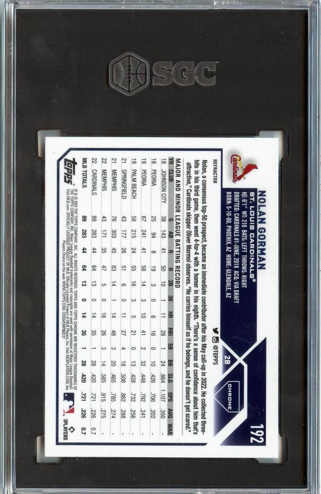 2023 Topps Chrome #192 Nolan Gorman Refractors RC SGC 10