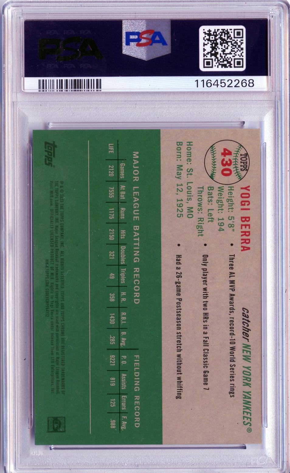 2023 Topps Chrome #430 Yogi Berra Blue Mini-Diamond Refractor PSA 10