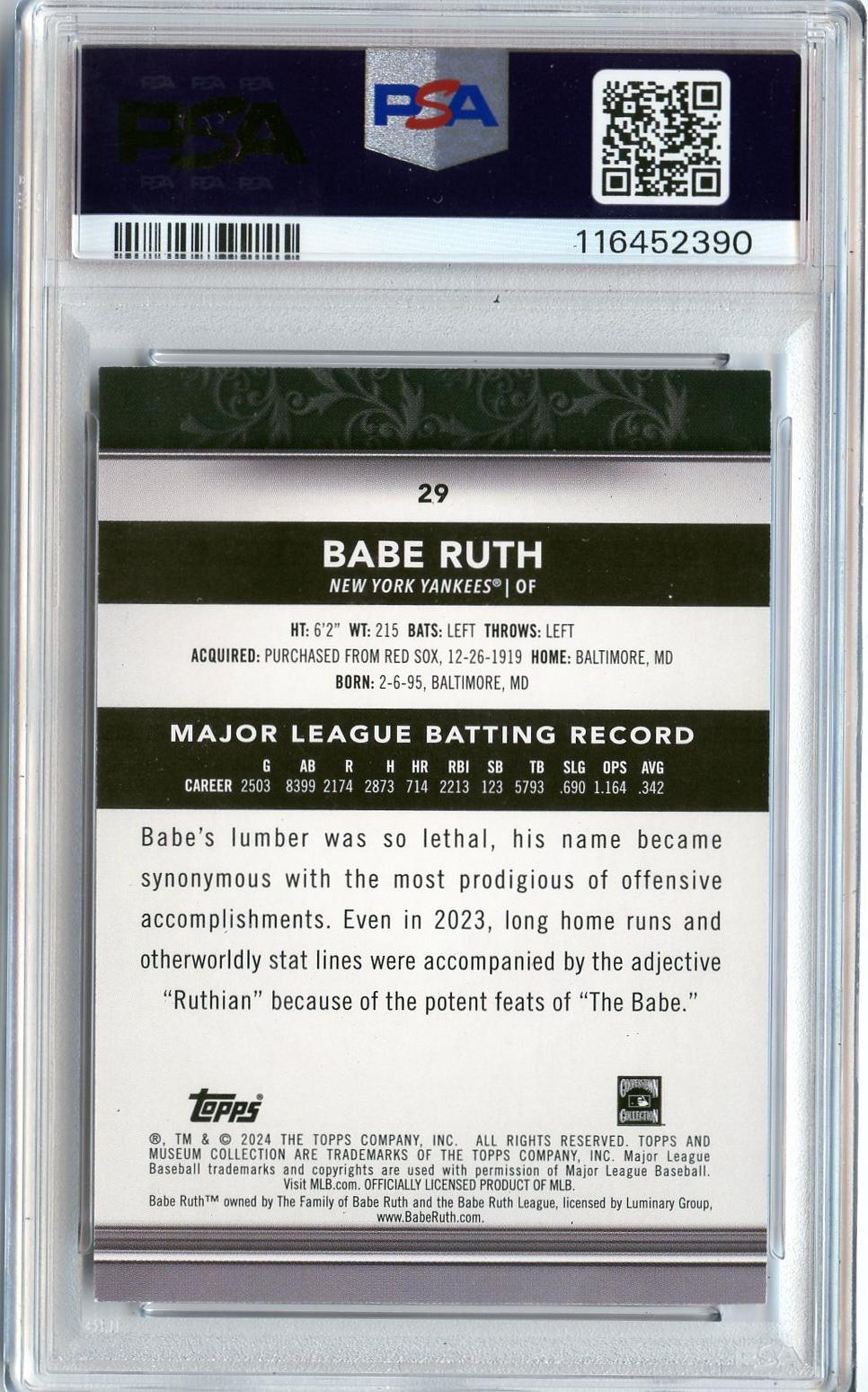 2024 Topps Museum Collection #29 Babe Ruth Sapphire PSA 8