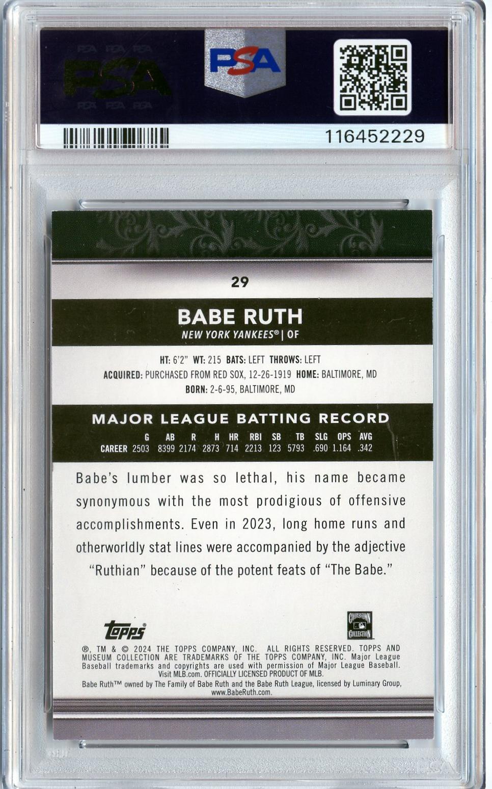 2024 Topps Museum Collection #29 Babe Ruth Gold PSA 8