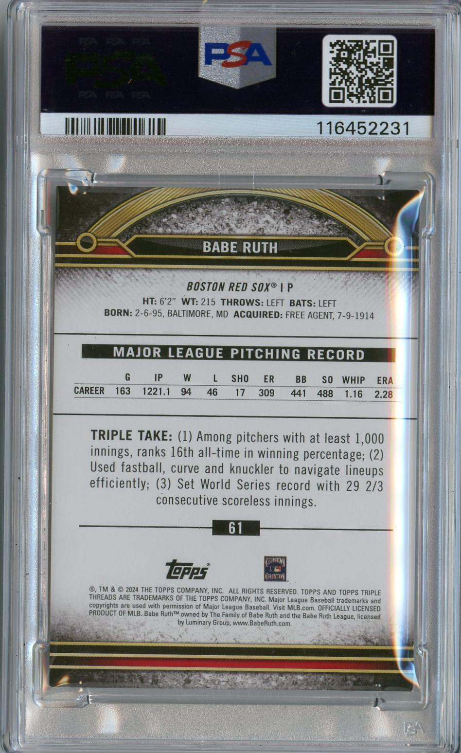 2024 Topps Triple Threads #61 Babe Ruth Gold PSA 8