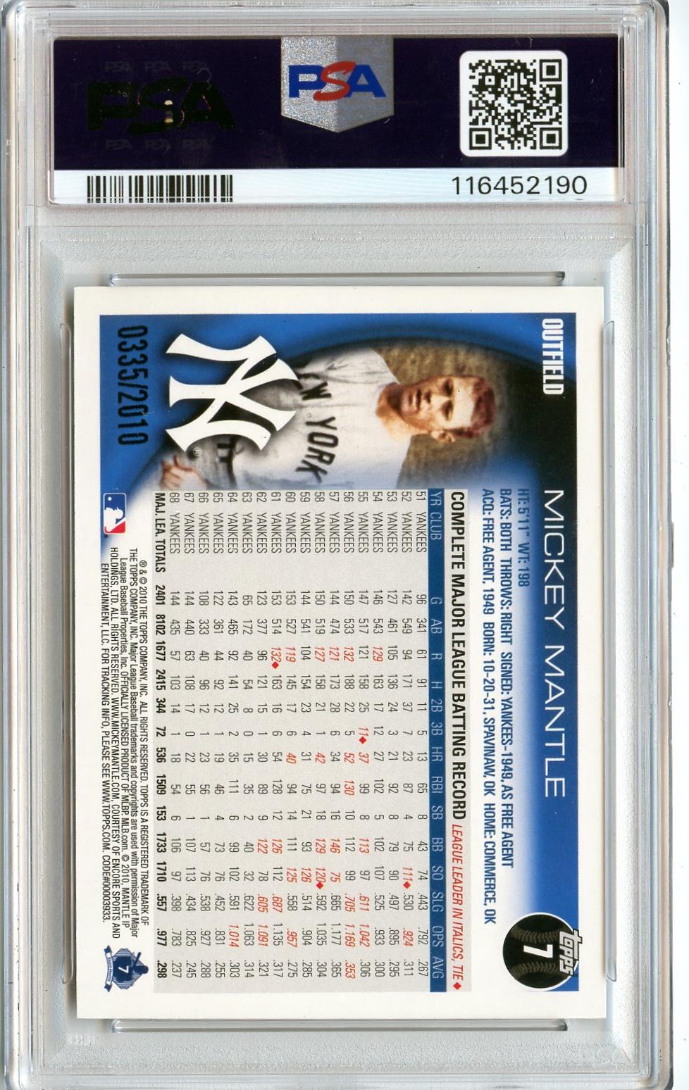 2010 Topps #7 Mickey Mantle Gold PSA 9