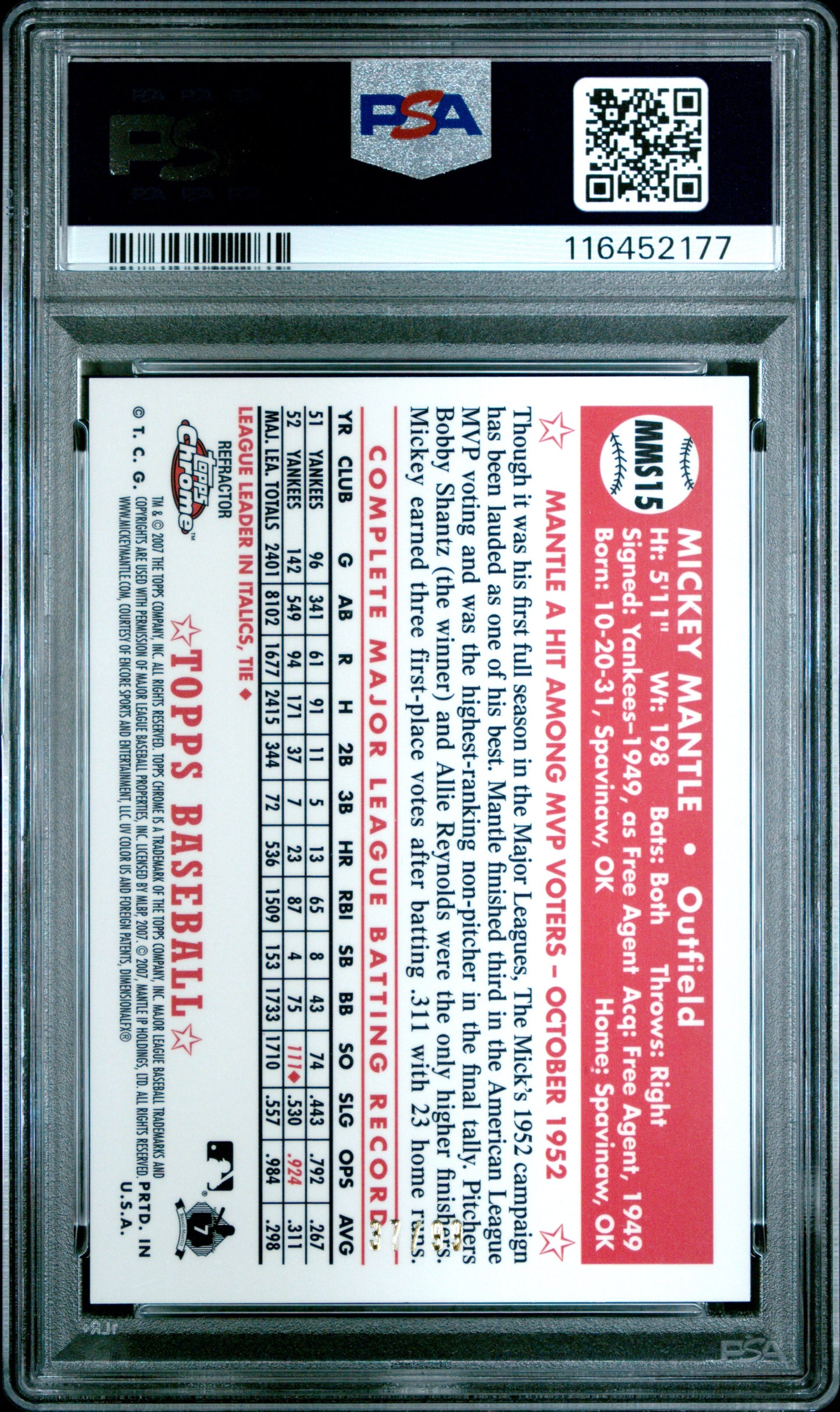 2007 Topps Chrome Mickey Mantle Story Red Refractors #MMS15 PSA 8