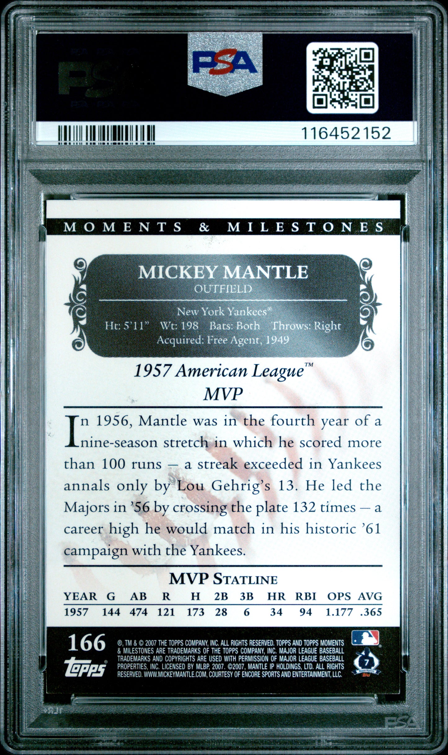 2007 Topps Moments & Milestones #166 Mickey Mantle 2 Runs-Black PSA 7