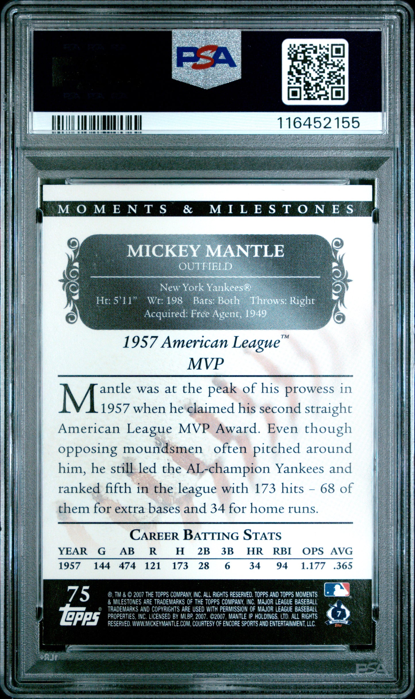 2007 Topps Moments & Milestones #75 Mickey Mantle 133 Hits-Black PSA 7