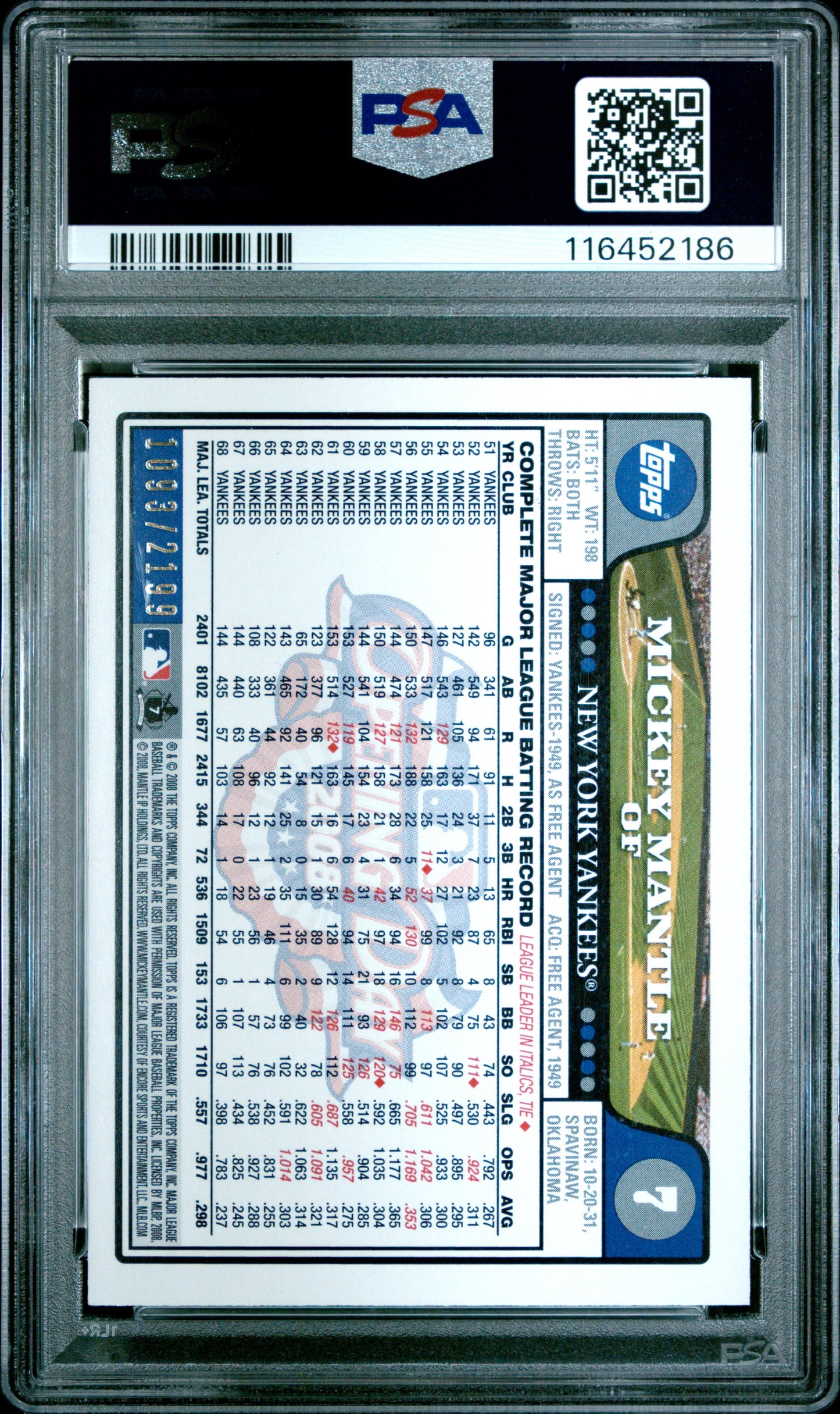 2008 Topps Opening Day #7 Mickey Mantle Opening Date PSA 8
