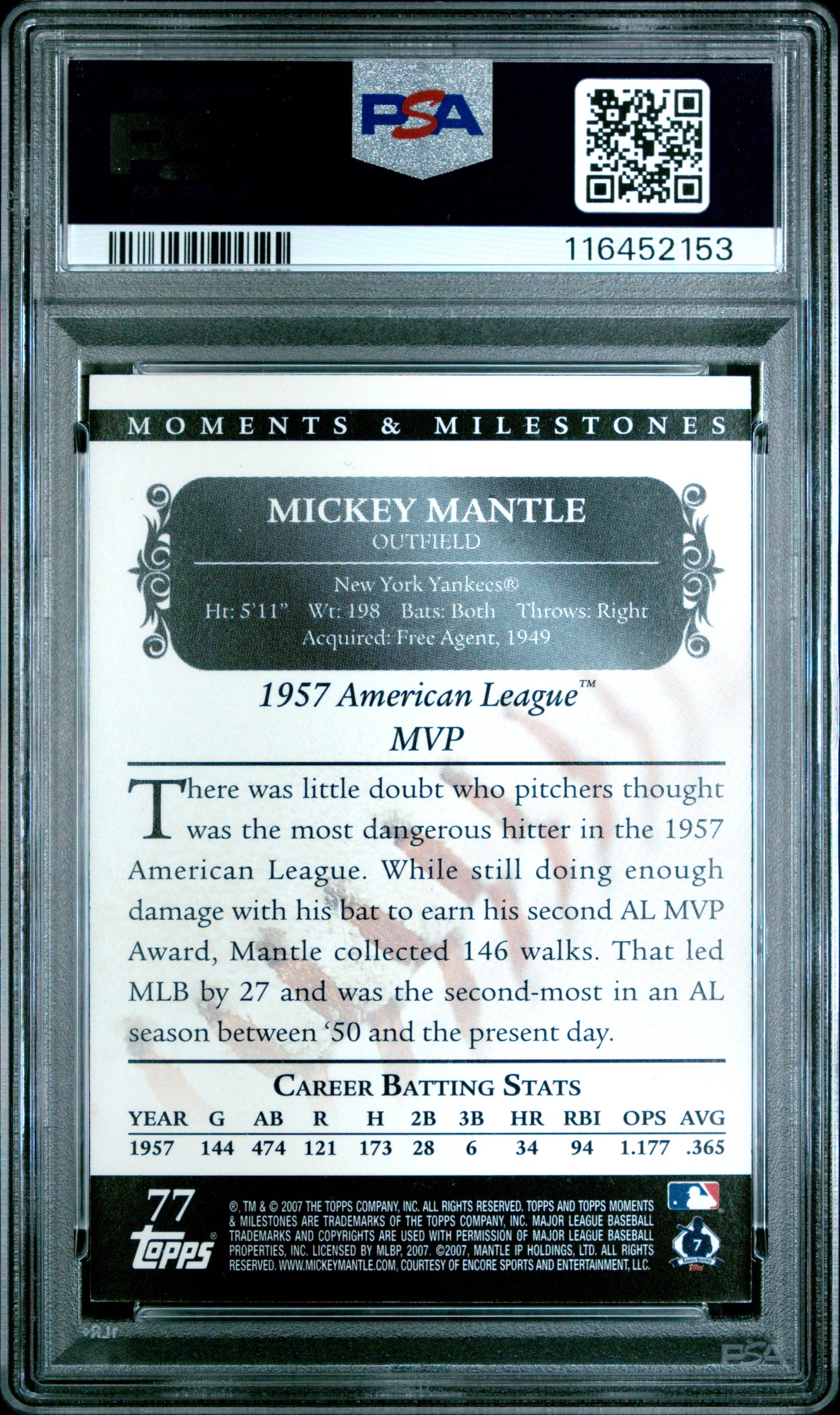 2007 Topps Moments & Milestones #77 Mickey Mantle 39 Walks-Black PSA 8