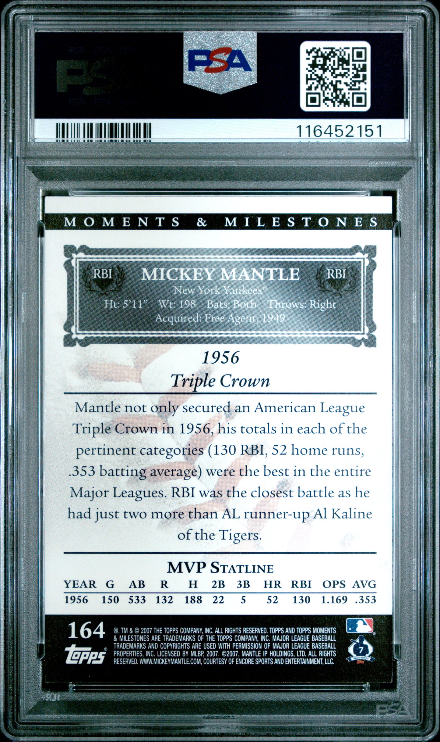 2007 Topps Moments & Milestones #164 Mickey Mantle 54 RBI-Black PSA 8