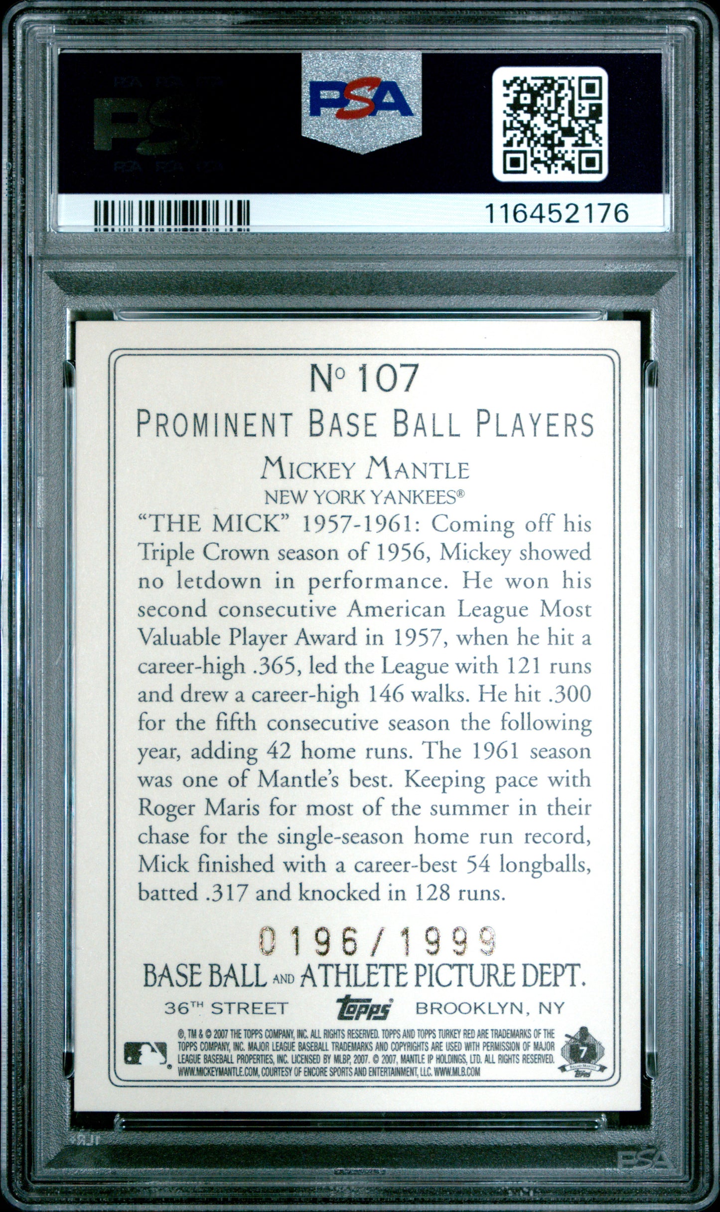 2007 Topps Turkey Red Chrome #107 Mickey Mantle Chrome PSA 8