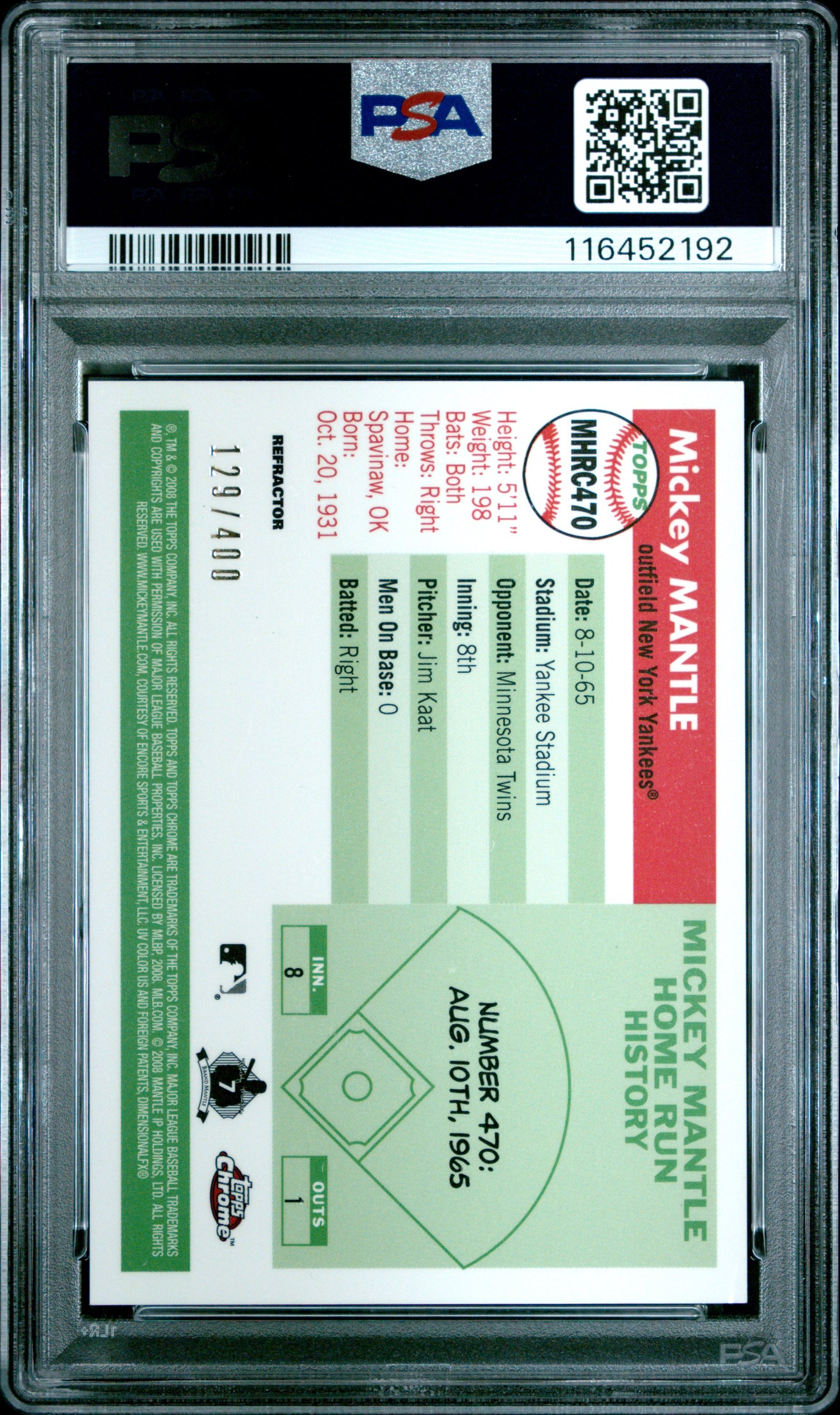 2008 Topps Chrome Mantle Home Run #470 Mickey Mantle History Refractor PSA 8