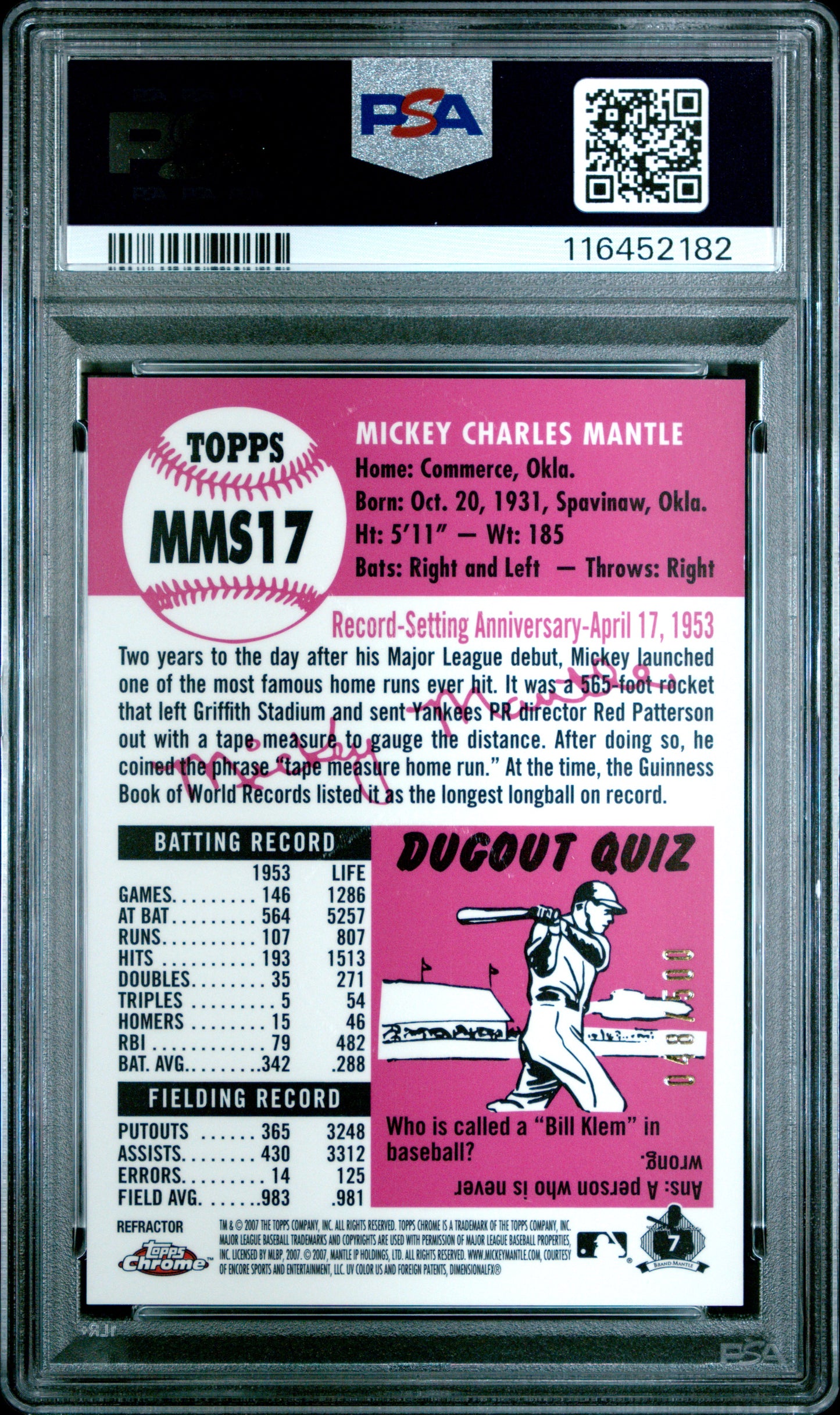 2007 Topps Chrome Mantle Story #MMS17 Mickey Mantle Mantle Story-Refractor PSA 9