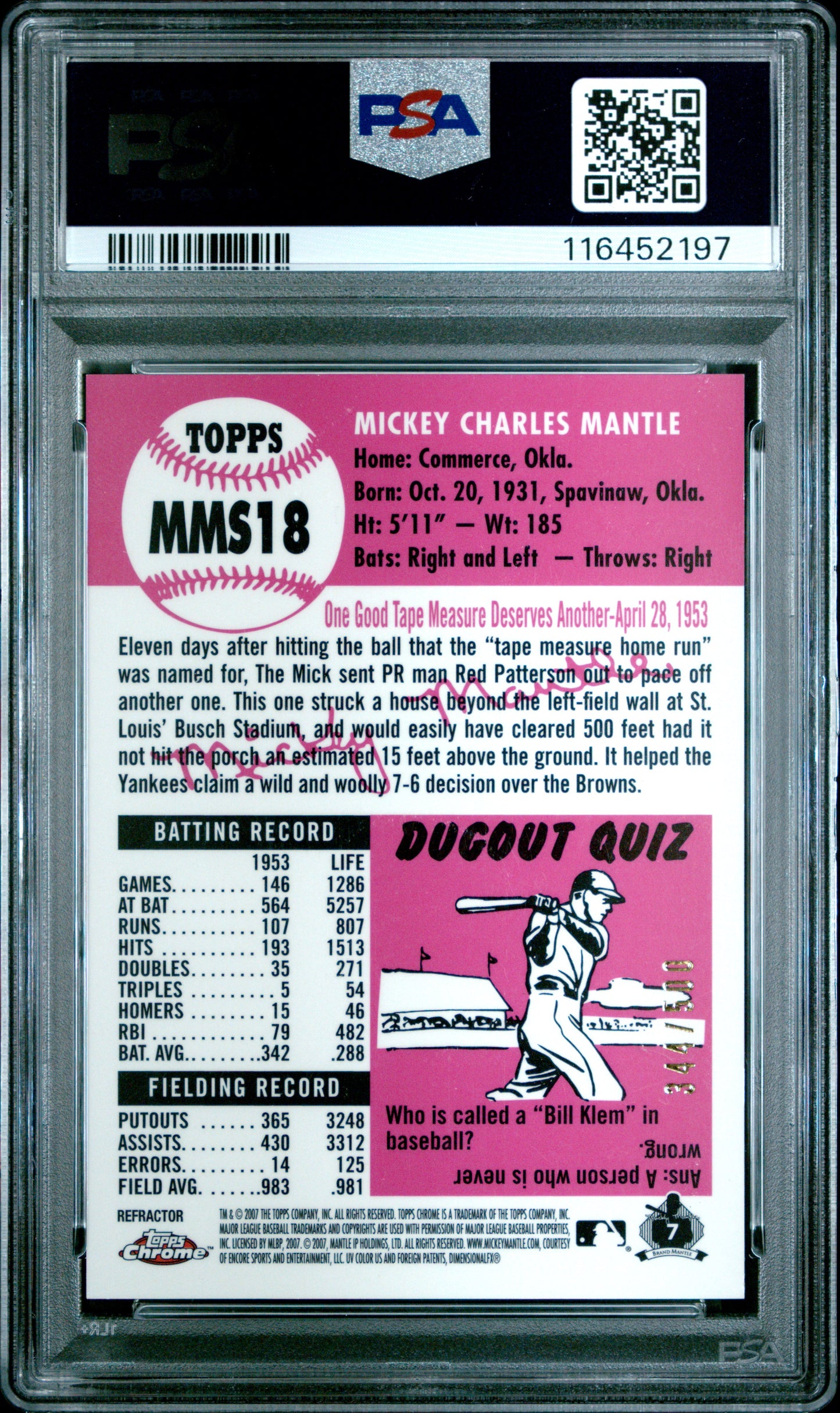 2007 Topps Chrome Mantle Story #MMS18 Mickey Mantle Mantle Story-Refractor PSA 9