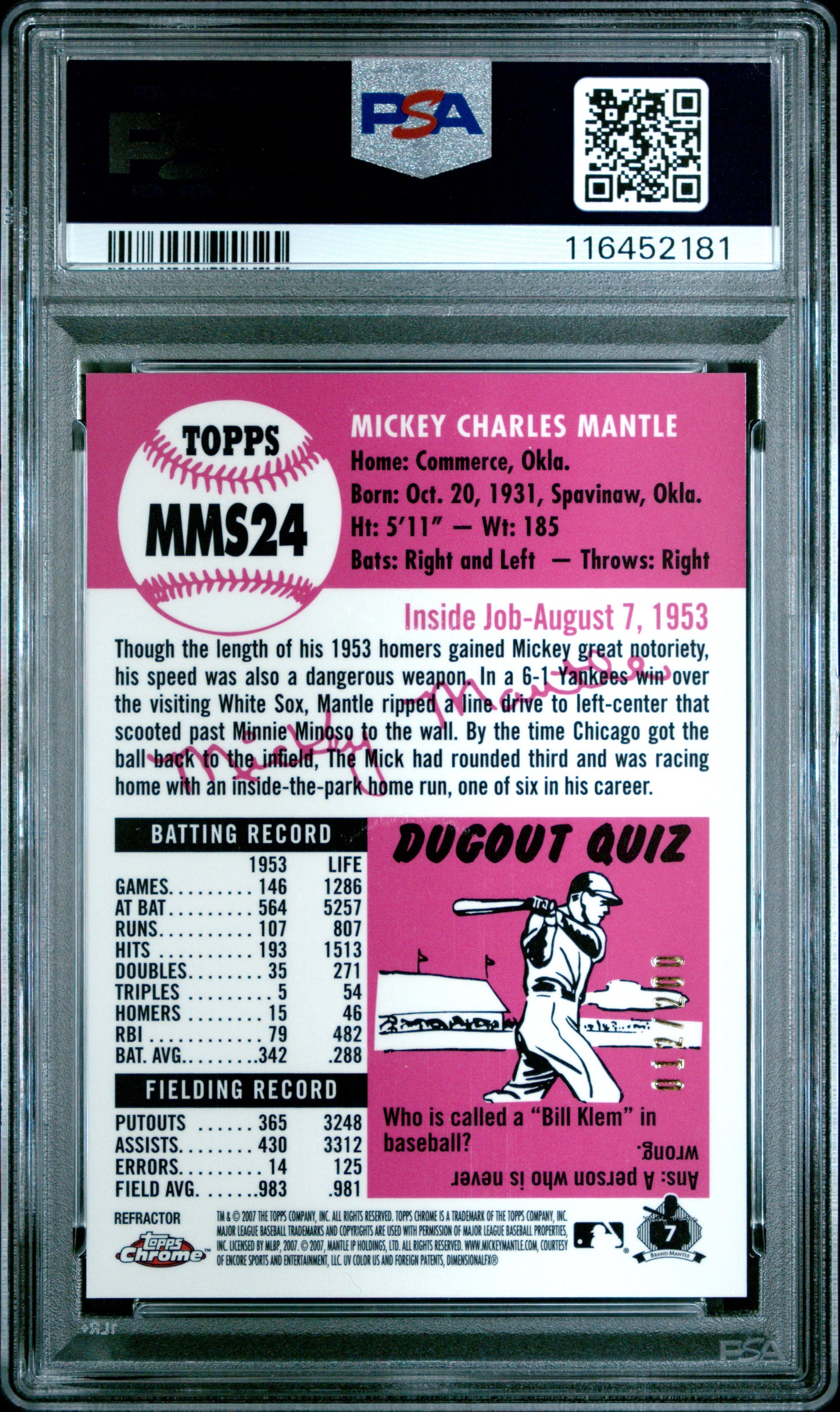 2007 Topps Chrome Mantle Story #MMS24 Mickey Mantle White Refractor PSA 9