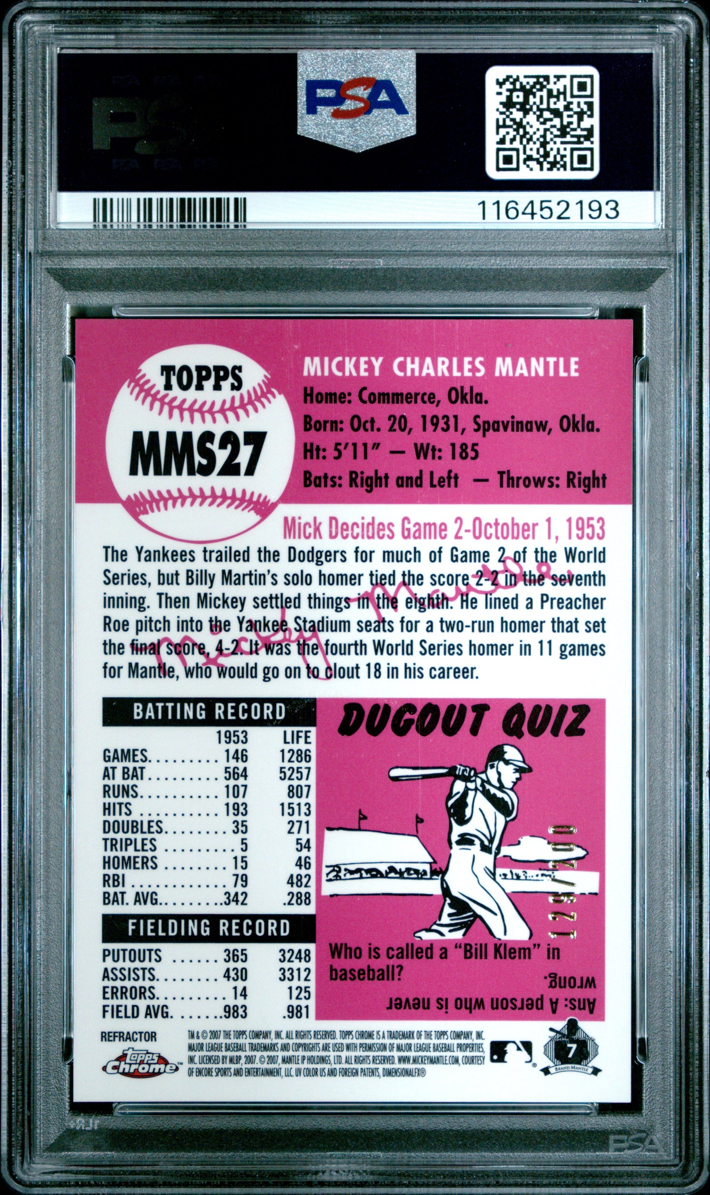 2007 Topps Chrome Mickey Mantle Story White Refractors #MMS27 PSA 9