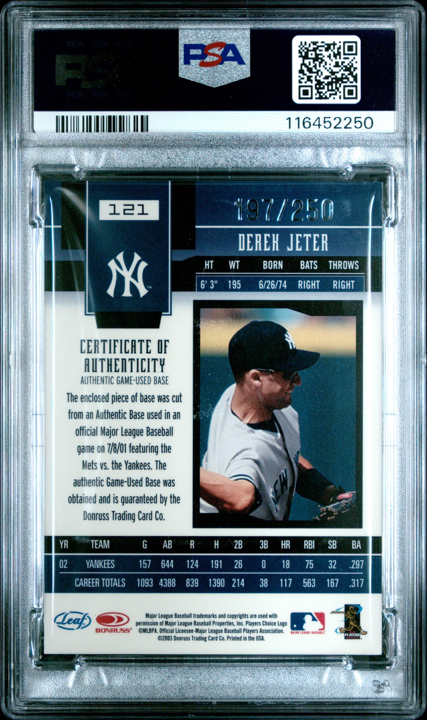 2003 Leaf Certified Materials #121 Derek Jeter Mirror Red-Materials PSA 7