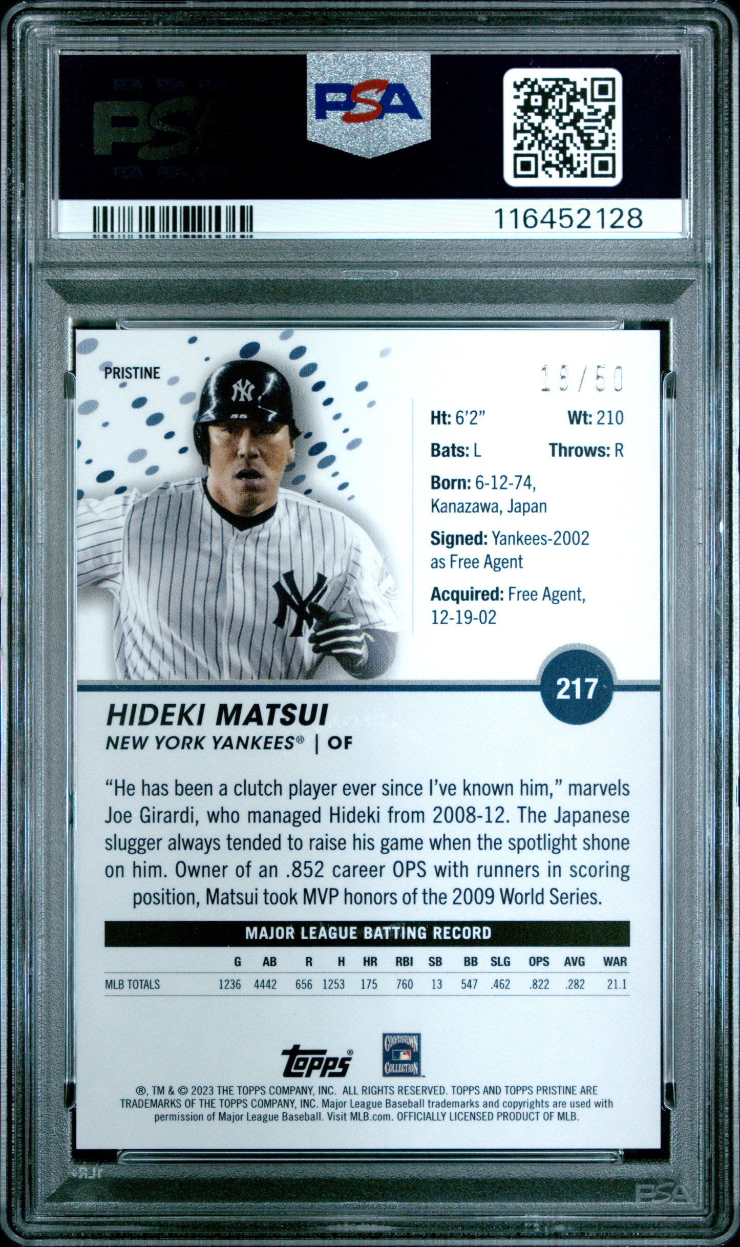 2023 Topps Pristine #217 Hideki Matsui Pristine Gold PSA 10
