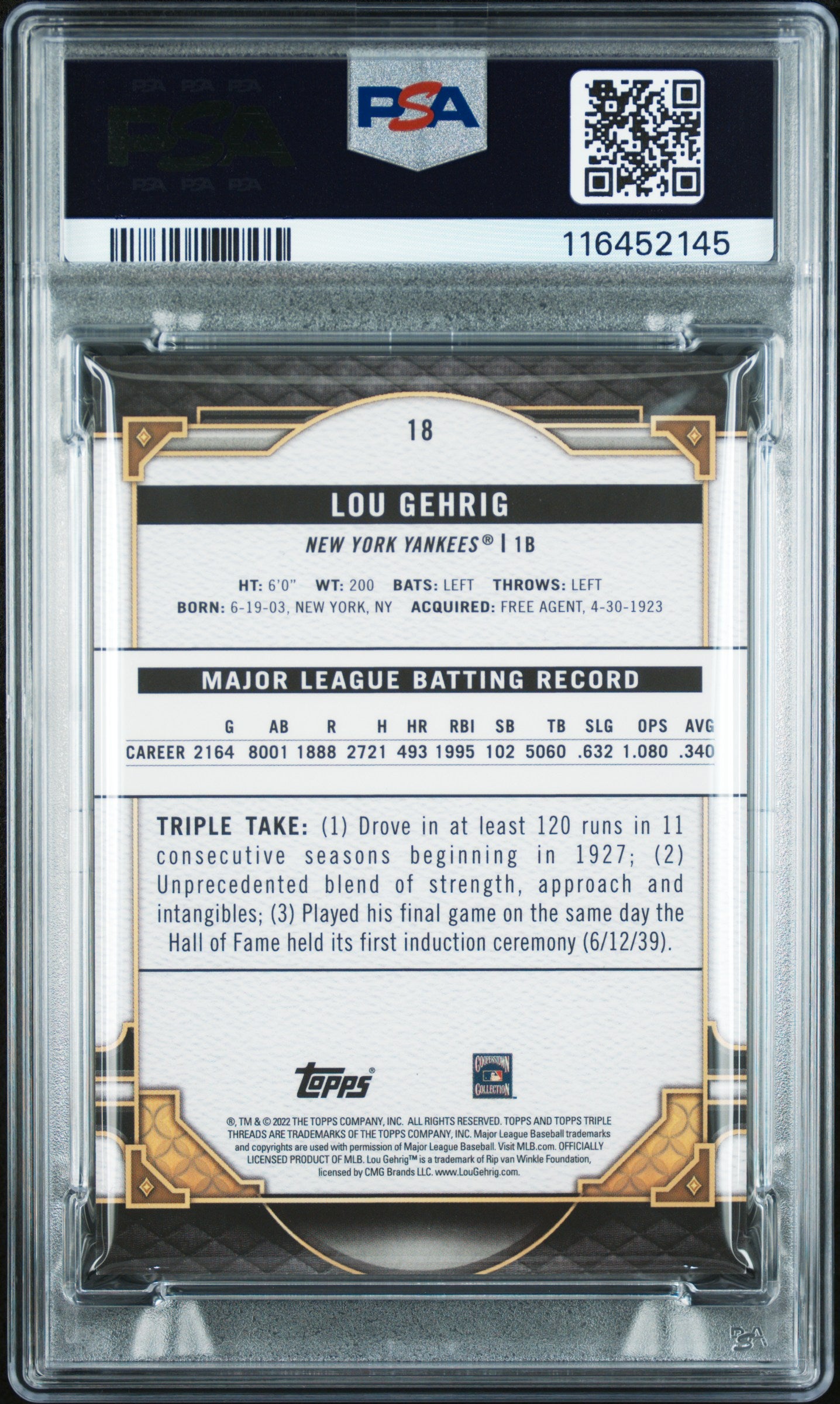 2022 Topps Triple Threads #18 Lou Gehrig Aquamarine PSA 8