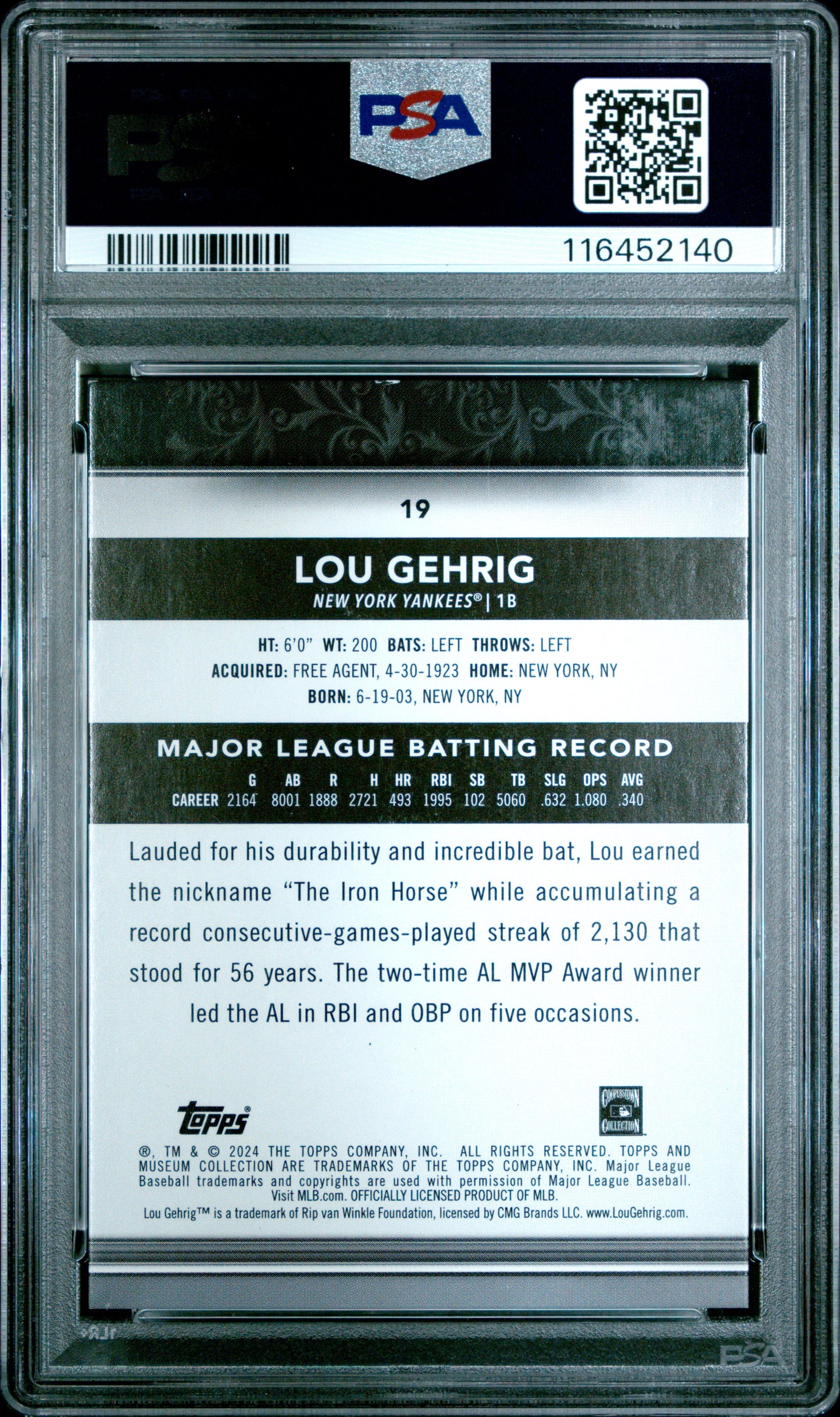 2024 Topps Museum Collection #19 Lou Gehrig Gold PSA 8