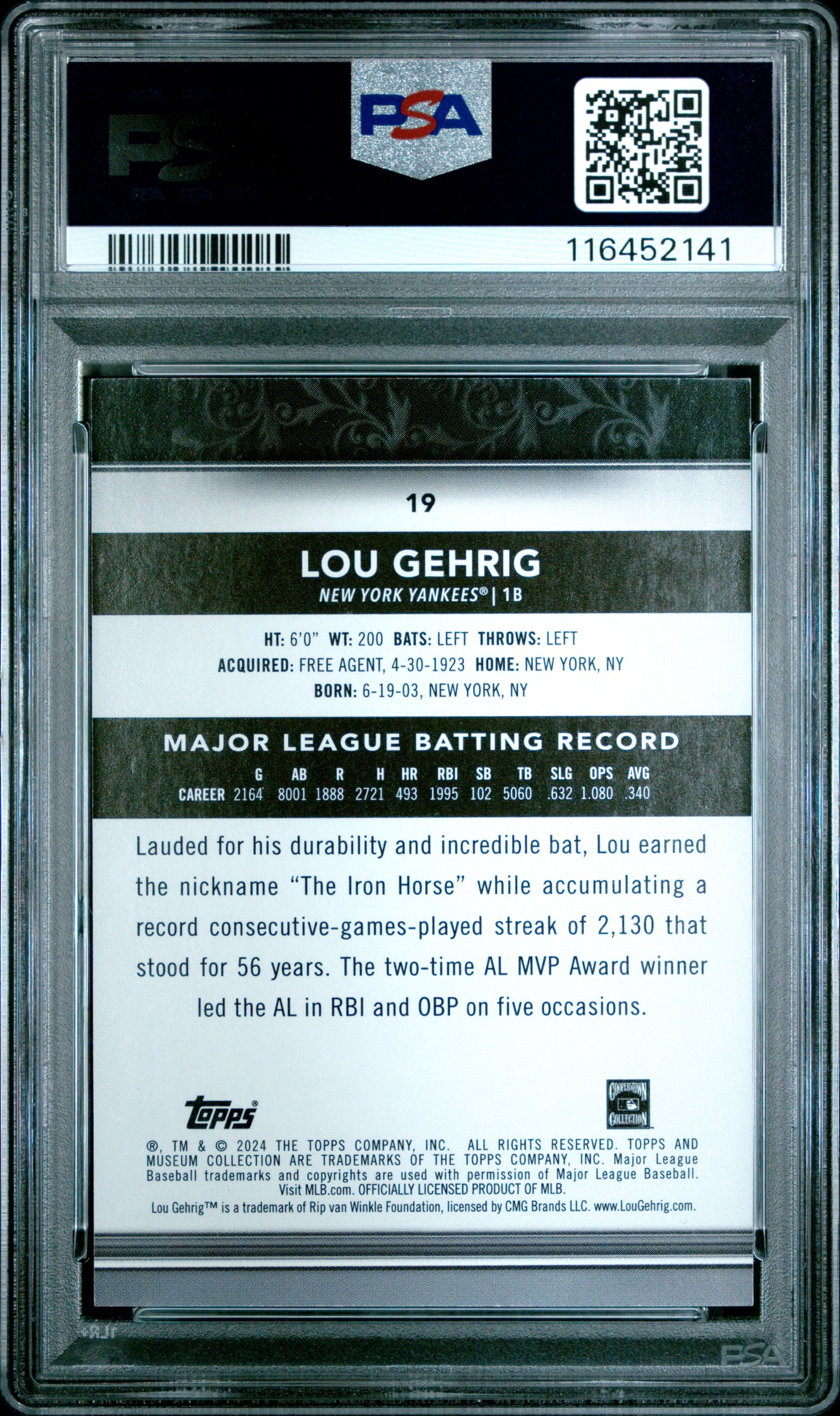 (1)2024 Topps Museum Collection #19 Lou Gehrig Gold PSA 8