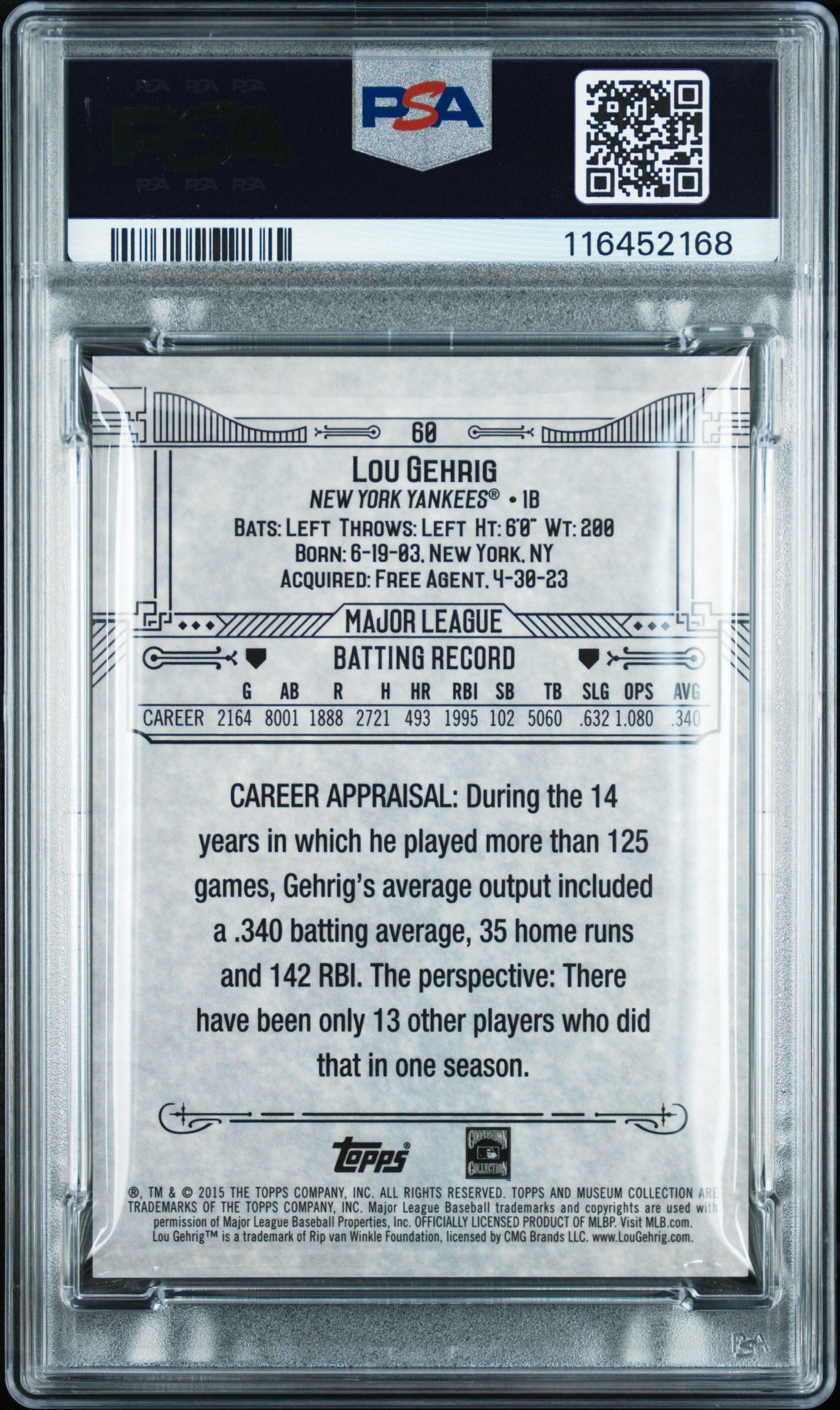 2015 Topps Museum Collection #60 Lou Gehrig Blue PSA 8