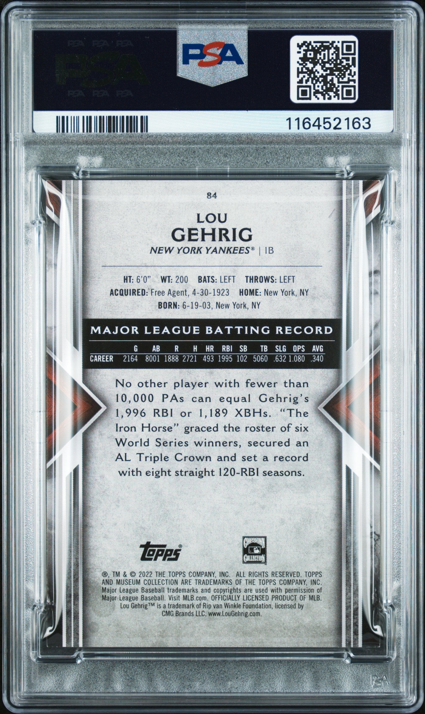 2022 Topps Museum Collection #84 Lou Gehrig Sapphire PSA 8