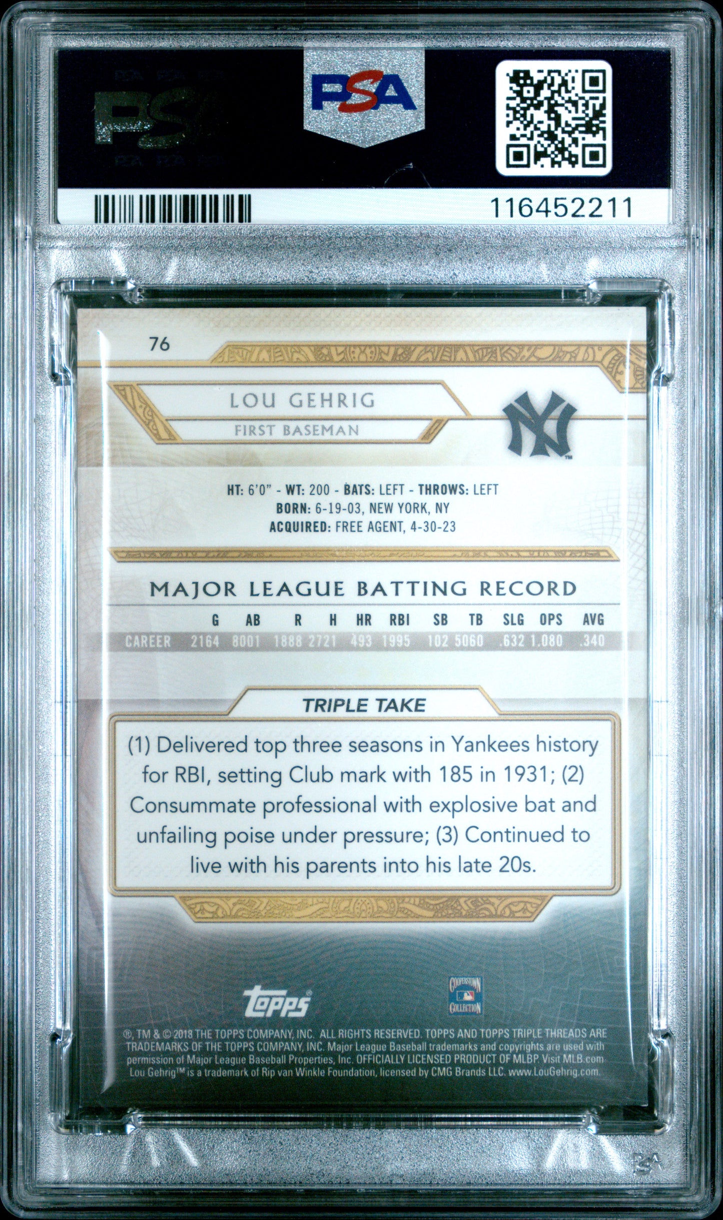 2018 Topps Triple Threads #76 Lou Gehrig Sapphire PSA 8