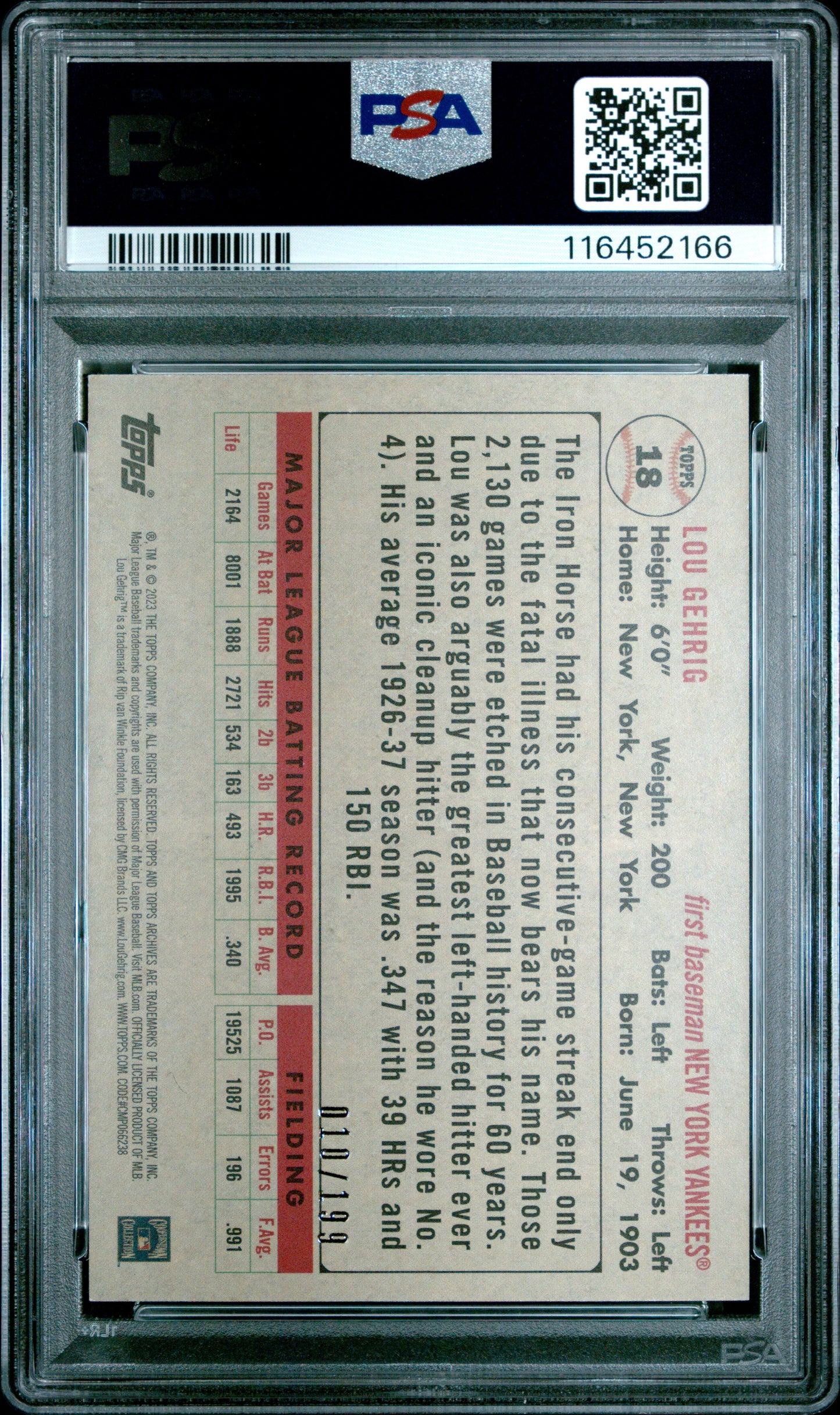 2023 Topps Archives #18 Lou Gehrig Rainbow Foil PSA 9
