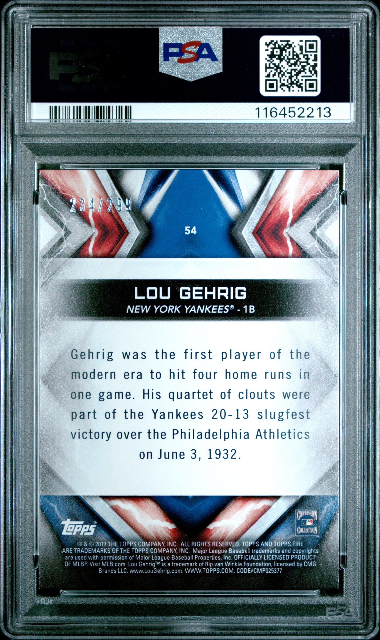 2017 Topps Fire #54 Lou Gehrig Orange PSA 9
