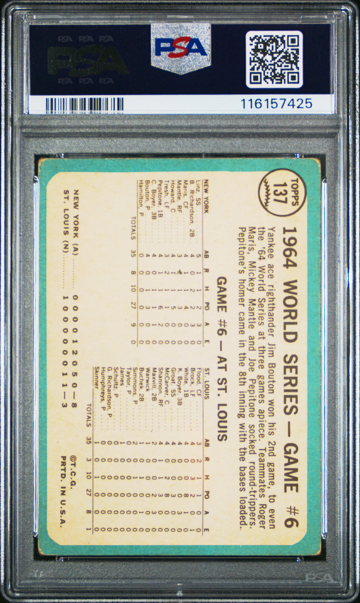 1965 Topps #137 World Series Game 6 Bouton Wins Again PSA 2