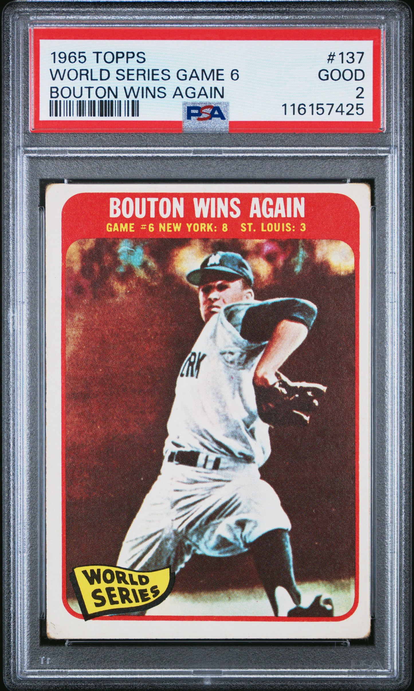 1965 Topps #137 World Series Game 6 Bouton Wins Again PSA 2