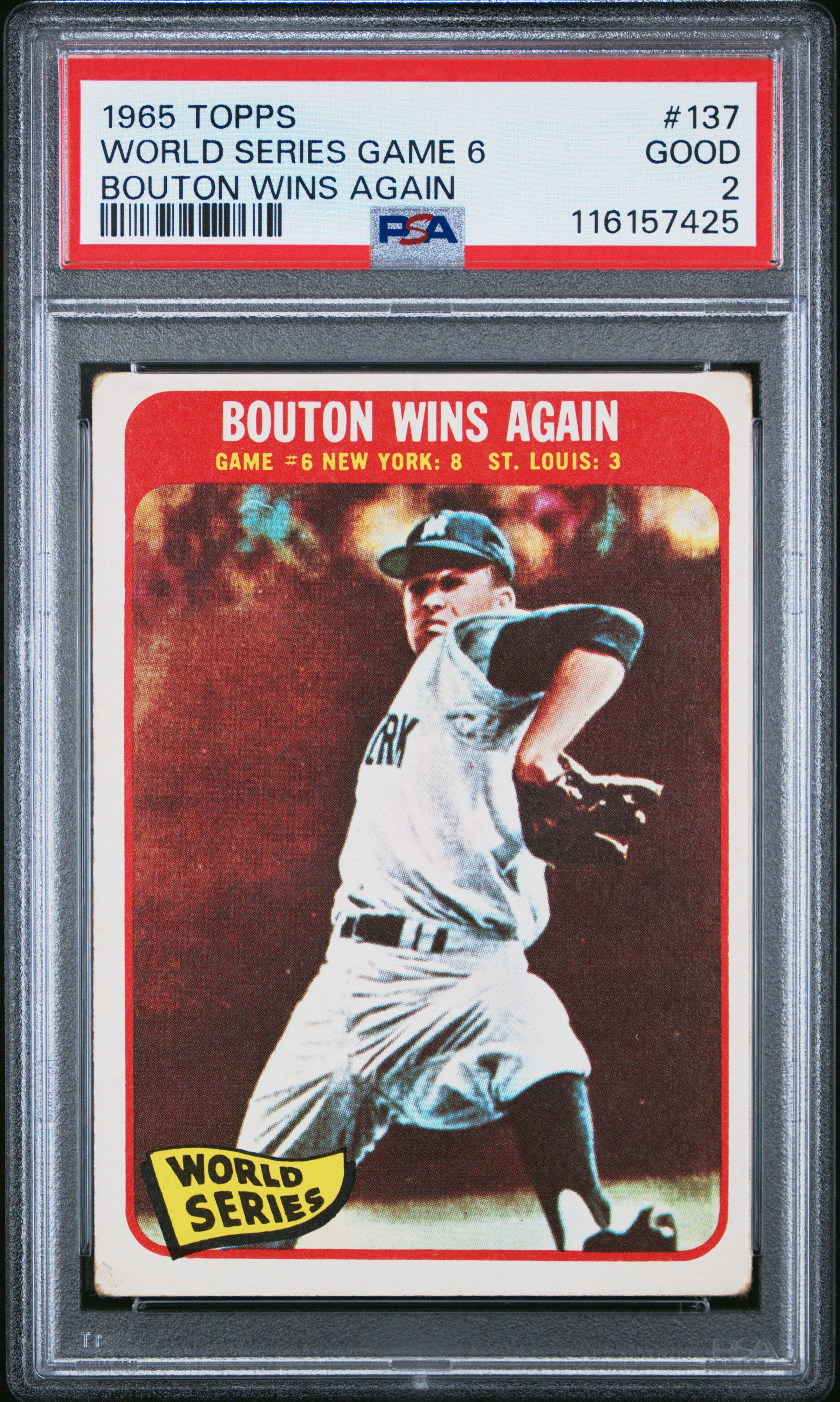 1965 Topps #137 World Series Game 6 Bouton Wins Again PSA 2