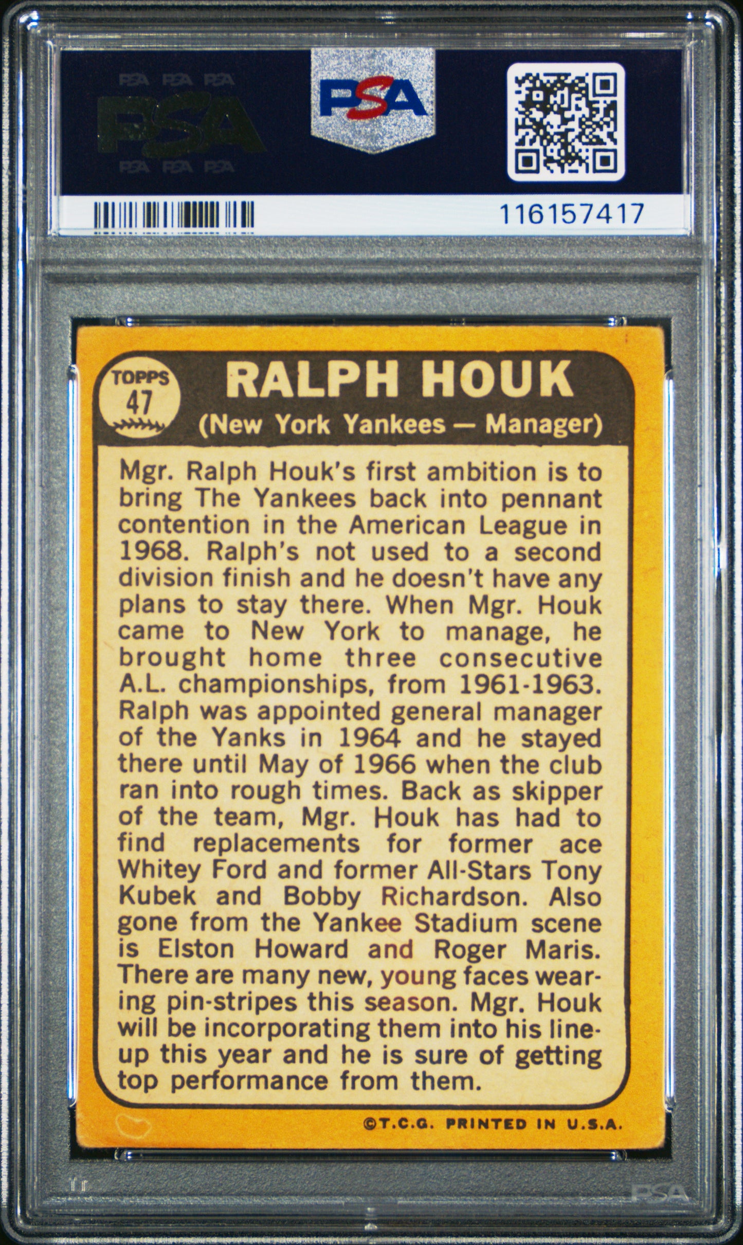 1968 Topps #47 Ralph Houk PSA 3