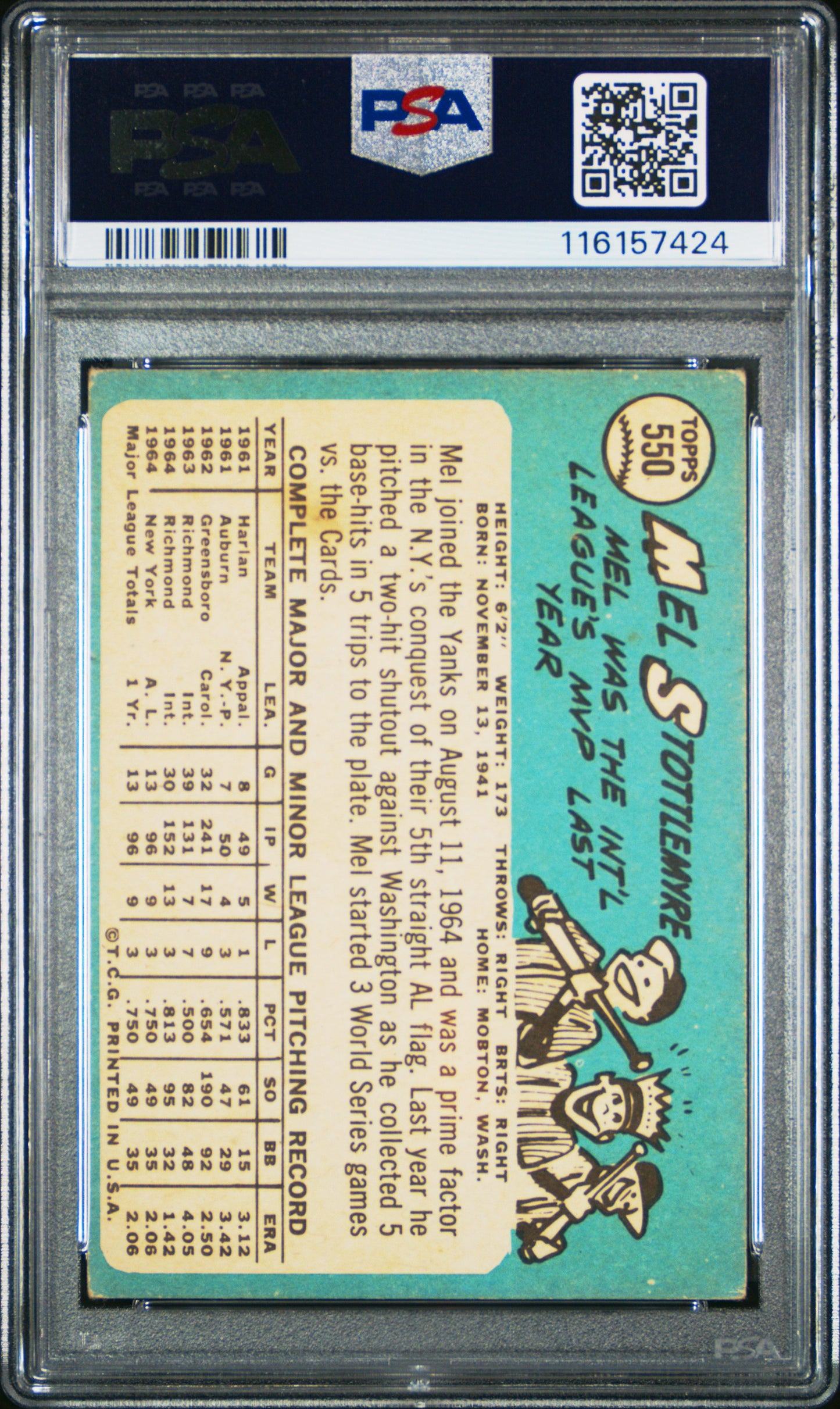 1965 Topps #550 Mel Stottlemyre PSA 3.5