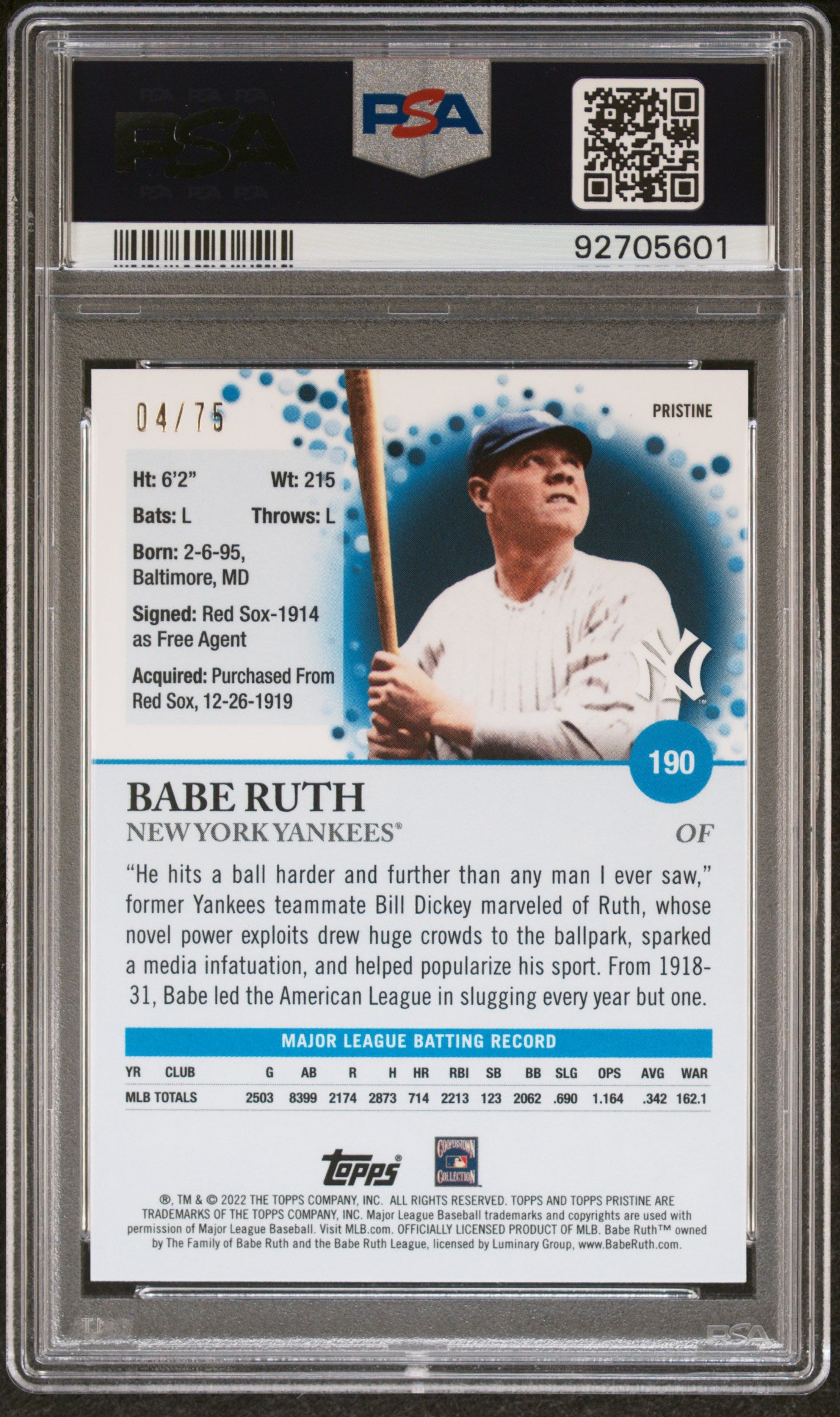2022 Topps Pristine #190 Babe Ruth Pristine Blue Refractor PSA 9