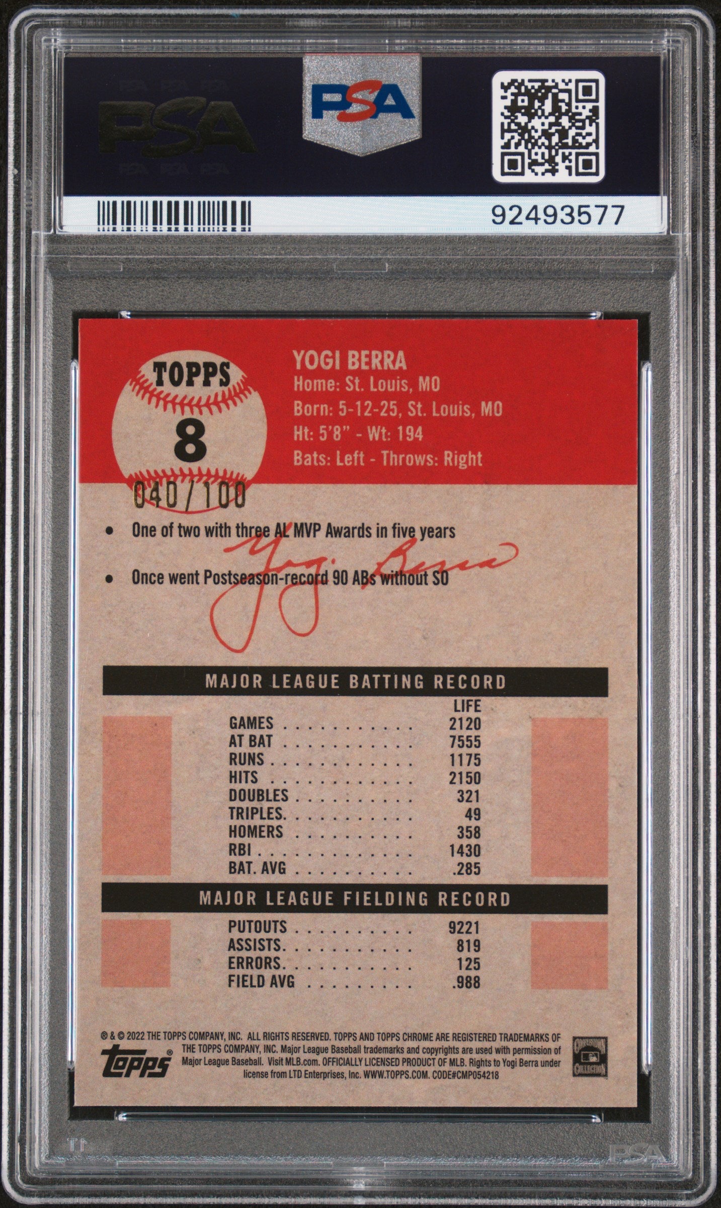 2022 Topps Chrome Platinum Anniversary #8 Yogi Berra Red Atomic Refractor PSA 9