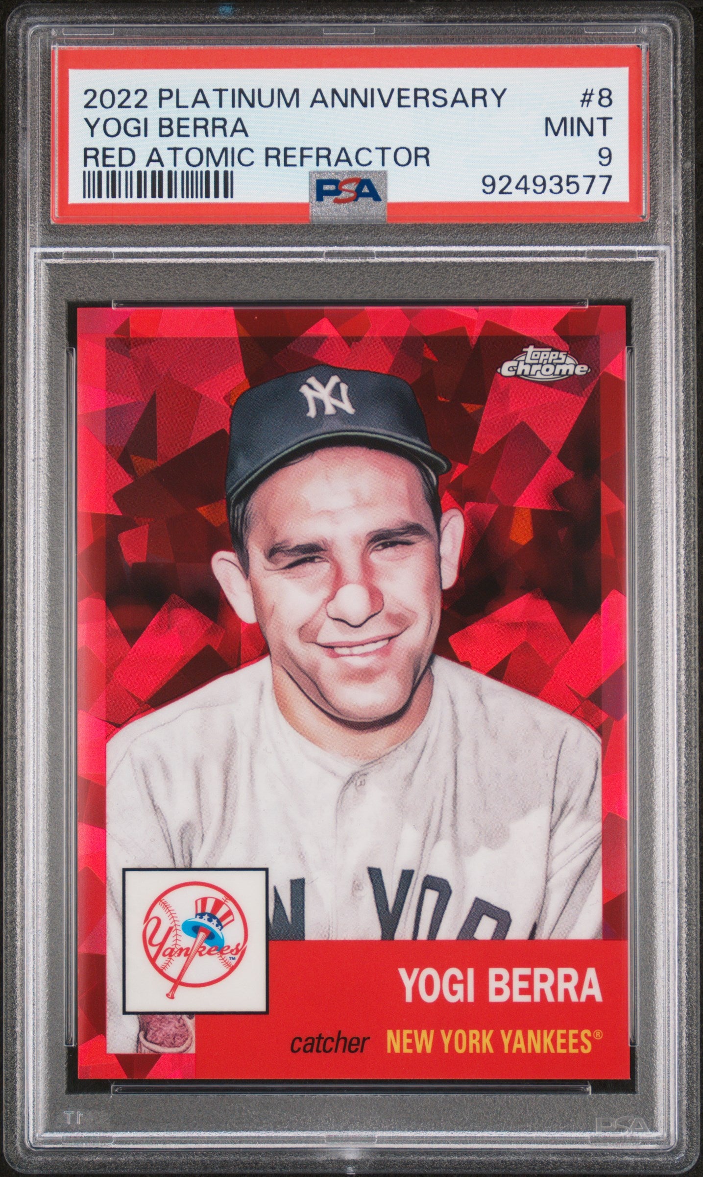 2022 Topps Chrome Platinum Anniversary #8 Yogi Berra Red Atomic Refractor PSA 9