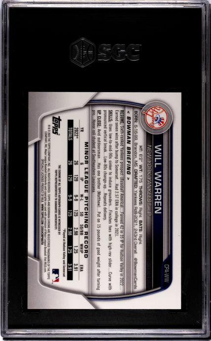 2023 Bowman Chrome #CPA-WW Will Warren Prospect SGC 9.5-10